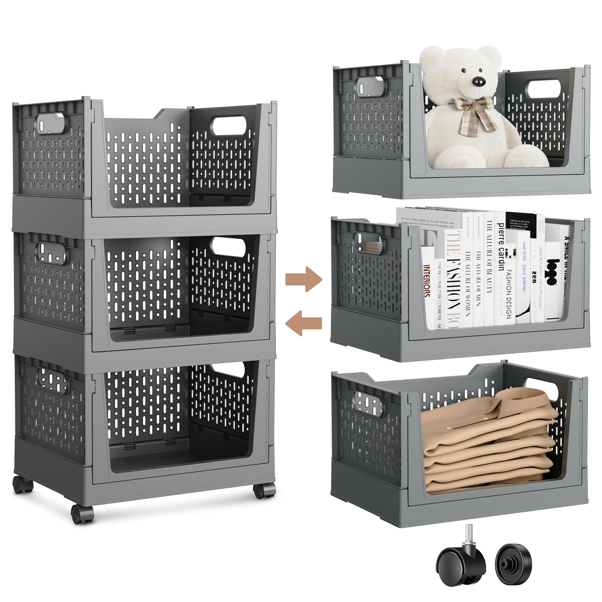 Stackable Storage Bins, Foldable Closet Organizers and Storage Bins Box, Plastic Shelves Drawer Organizer Container for Closet Office Bedroom Kitchen Bathroom with Wheels, Grey, 3 Pack