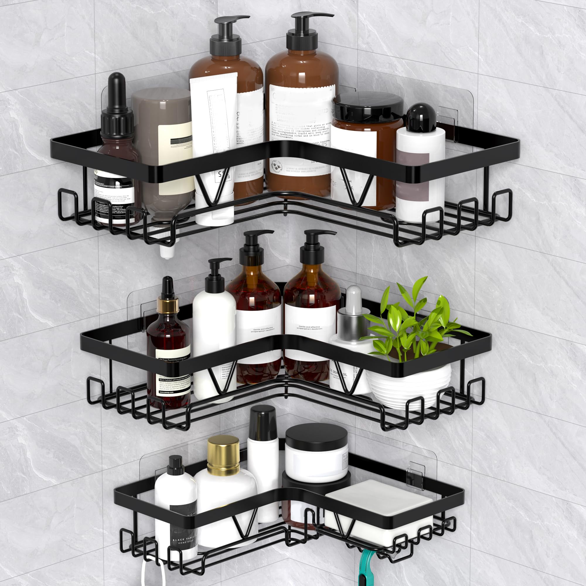 Kegii Telescopic Shower Caddy, 6 Tiers Corner Shower Shelf Adjustable Bathroom Storage Organiser Extendable Corner Bathroom Caddy, Black, No Drilling, Stainless Steel