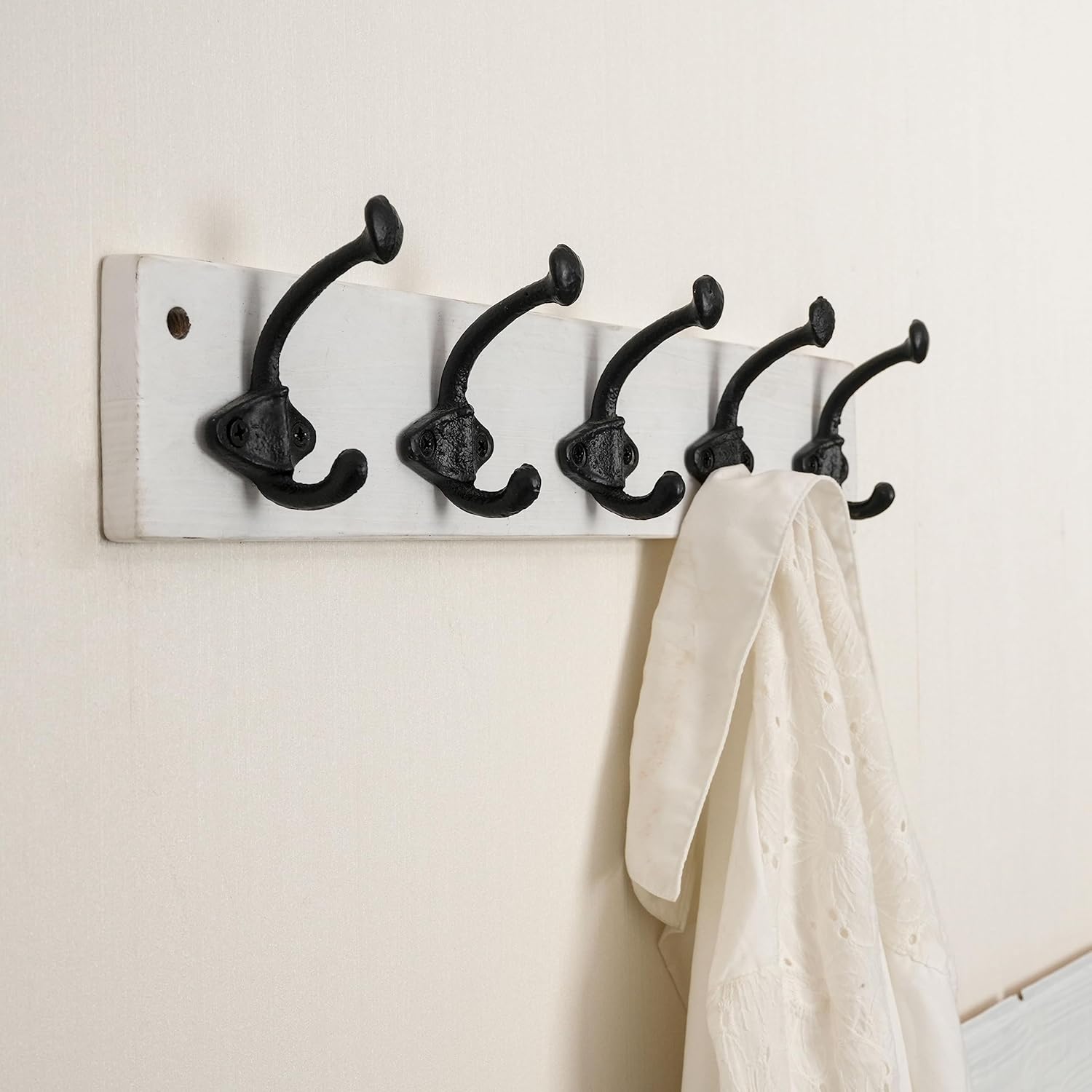 WEBI Rustic Coat Hooks Wall Mounted,5 Cast Iron Hooks,Coat Rack Wall Mounted Coat Hanger for Hanging Jacket,Clothes,White