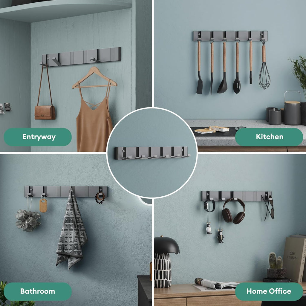Mai & Mai Coat Hooks Wall Mounted, Foldable Coat Rack with 6 Hooks, Folding Wall Hooks for Jackets, Bags and Hats, Wandgarderobe01, Grey