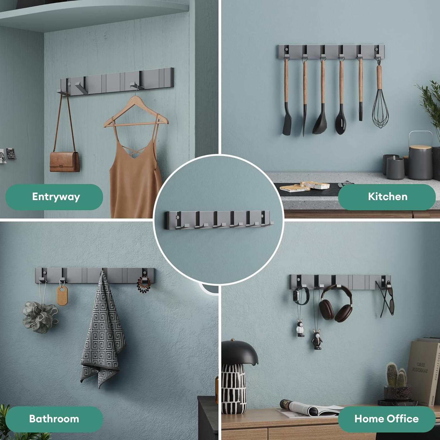 Mai & Mai Coat Hooks Wall Mounted, Foldable Coat Rack with 6 Hooks, Folding Wall Hooks for Jackets, Bags and Hats, Wandgarderobe01, Grey