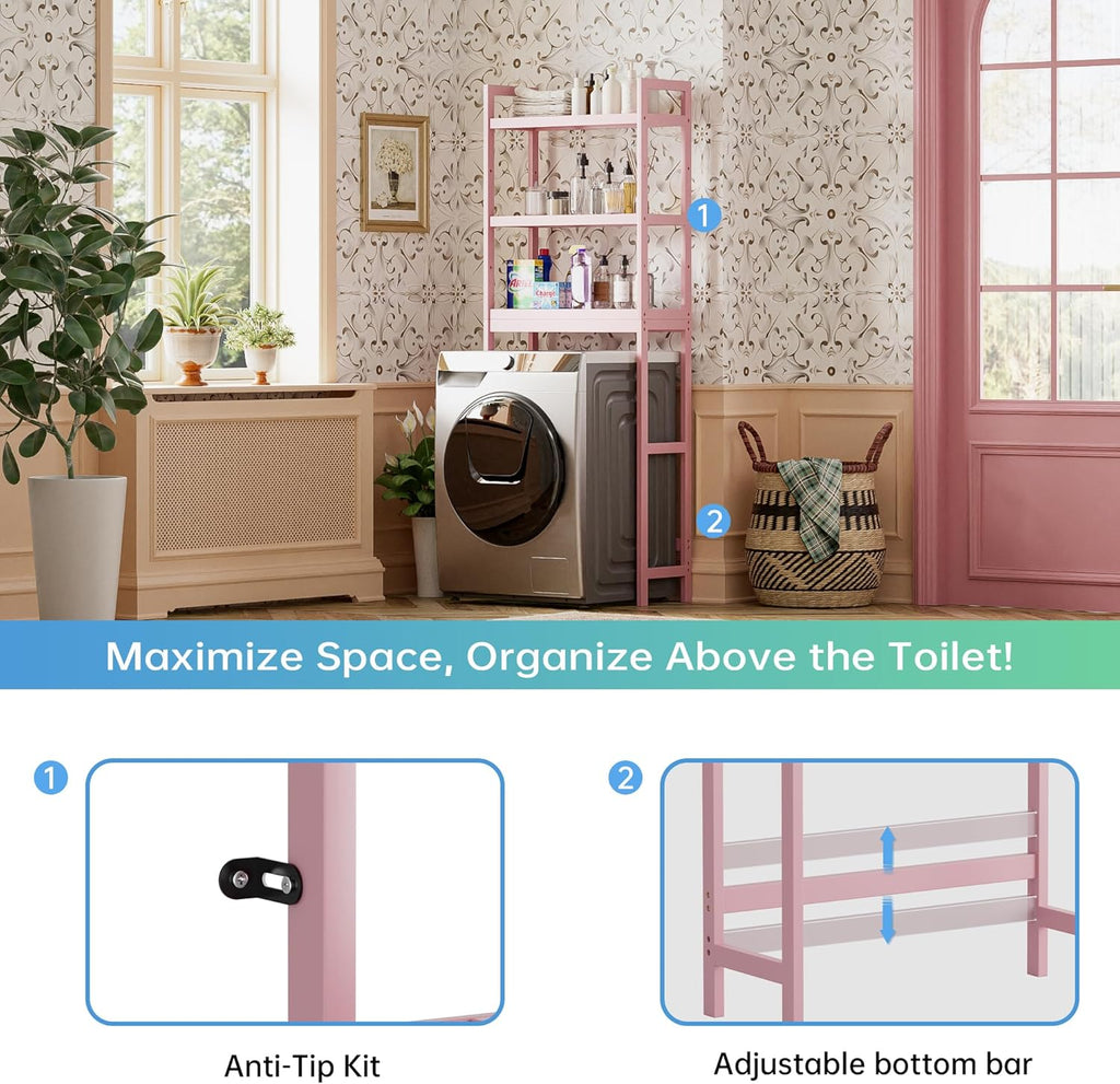 SMIBUY Bathroom Storage Shelf, Bamboo Over-The-Toilet Organizer Rack, Freestanding Toilet Space Saver with 3-Tier Adjustable Shelves (Pink)