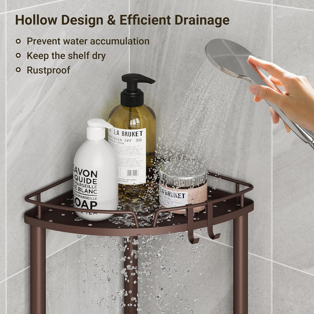 ELYKEN Corner Shower Caddy Standing, 3 Tier Rustproof Metal Shower Organizer with Soap Holder, Floor Shower Corner Shelf Rack Storage Stands with Adjustable Feet & 2 Hooks for Bathroom, Bronze