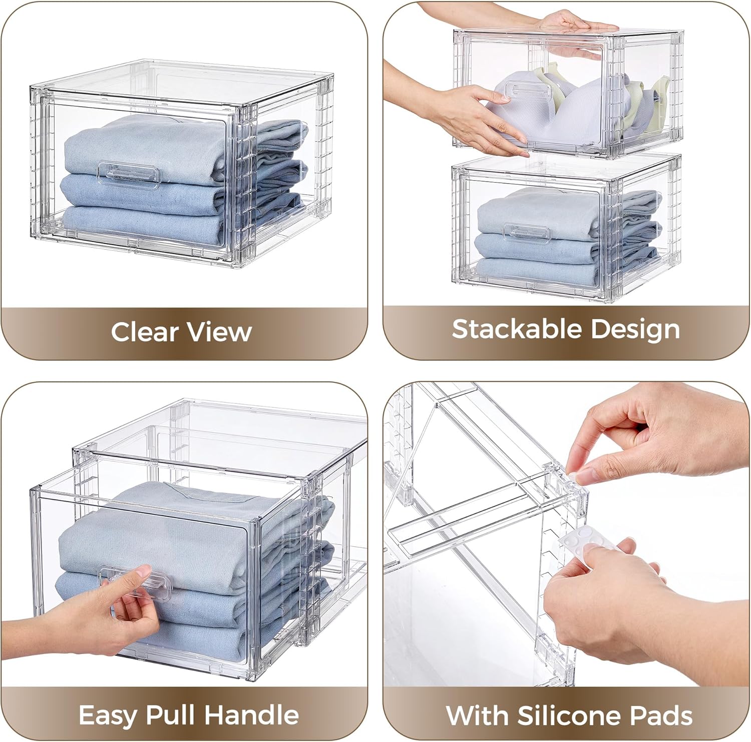 Vtopmart 4 Pack 18QT Clear Stackable Storage Drawers,Easily Assemble Closet Organizers,Plastic Storage Bins for Bathroom,Cabinet,Kitchen Pantry,Under Sink Organization(Medium)