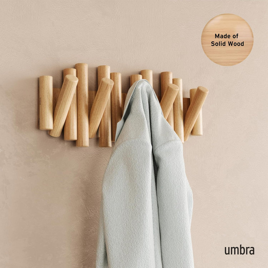Umbra Picket Coat Rack Wall Mount – 5 Flip-Down Wood Coat Hooks, Modern & Functional Storage, Easy Install Wall Hooks, Natural