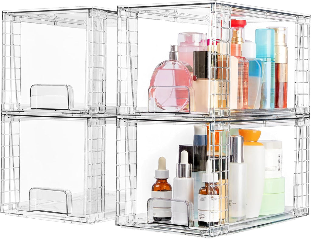 Vtopmart 4 Pack Large Stackable Storage Drawers,Easily Assemble Acrylic Bathroom Closet Undersink Organizers and Storage,Plastic Bins for Kitchen Cabinets,Pantry,Makeup,Medicine Organization
