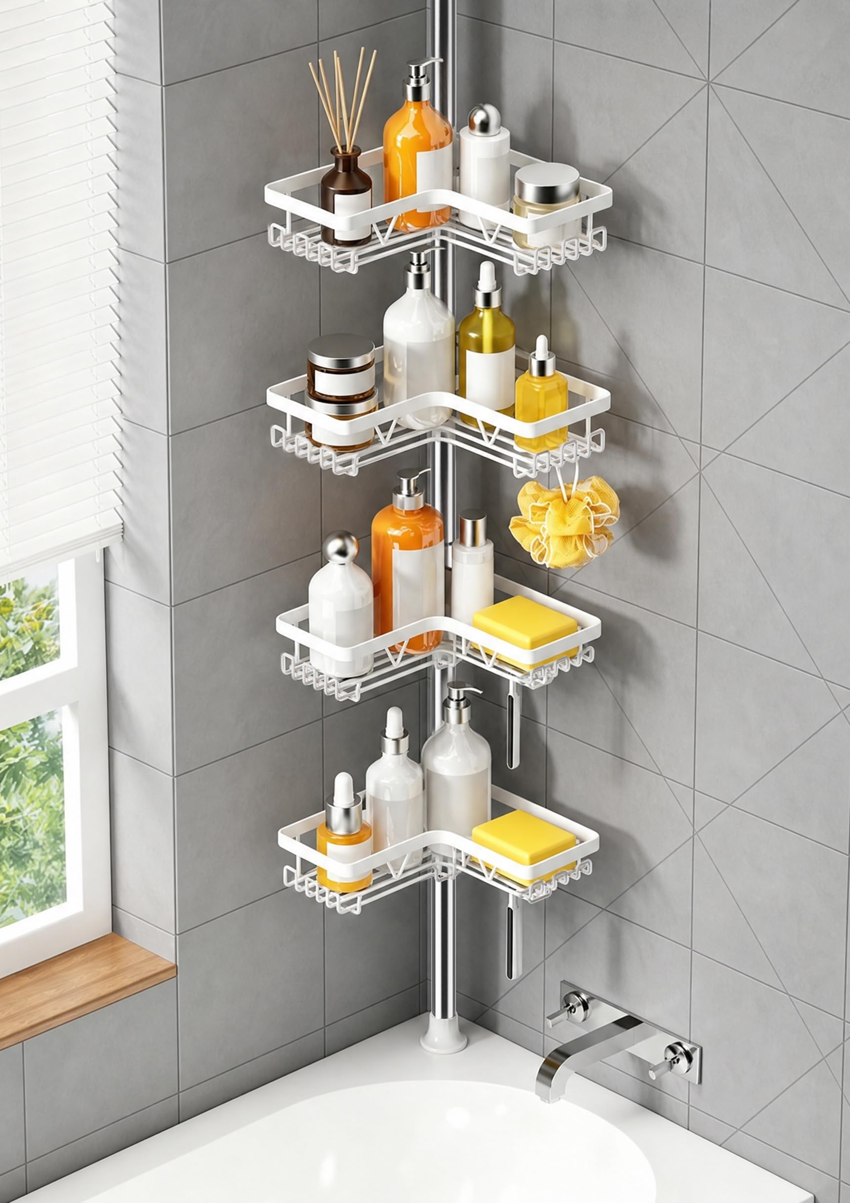 Kegii Telescopic Shower Caddy, 6 Tiers Corner Shower Shelf Adjustable Bathroom Storage Organiser Extendable Corner Bathroom Caddy, Black, No Drilling, Stainless Steel
