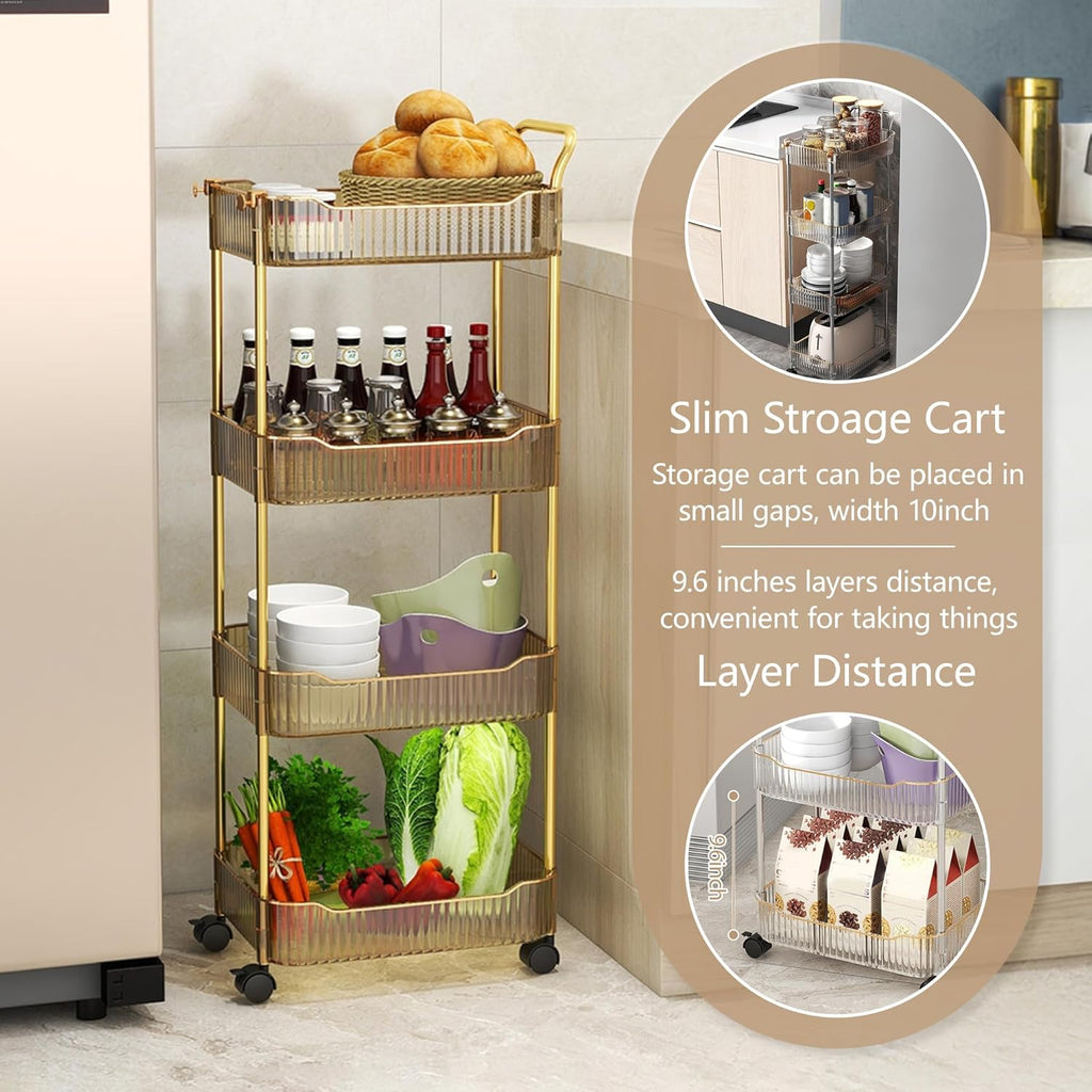 Storage Trolley on Wheels, Acrylic Beauty Trolleys Makeup Organizers Rolling Utility Cart For Bathroom, Salon,Kitchen,Gold,4Tier