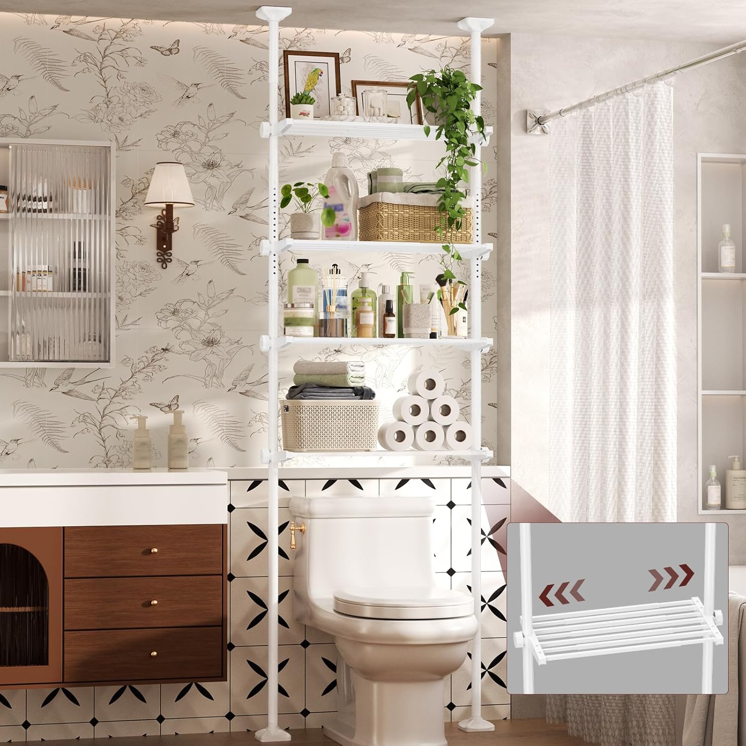 Yeabett Over Toilet Shelving Unit, Height 163–315 cm, Width 39–69 cm, Over Washing Machine Cabinet, Versatile Bathroom Organiser for Bathroom, Kitchen, Living Room, Utility Room, 4-Tier, White