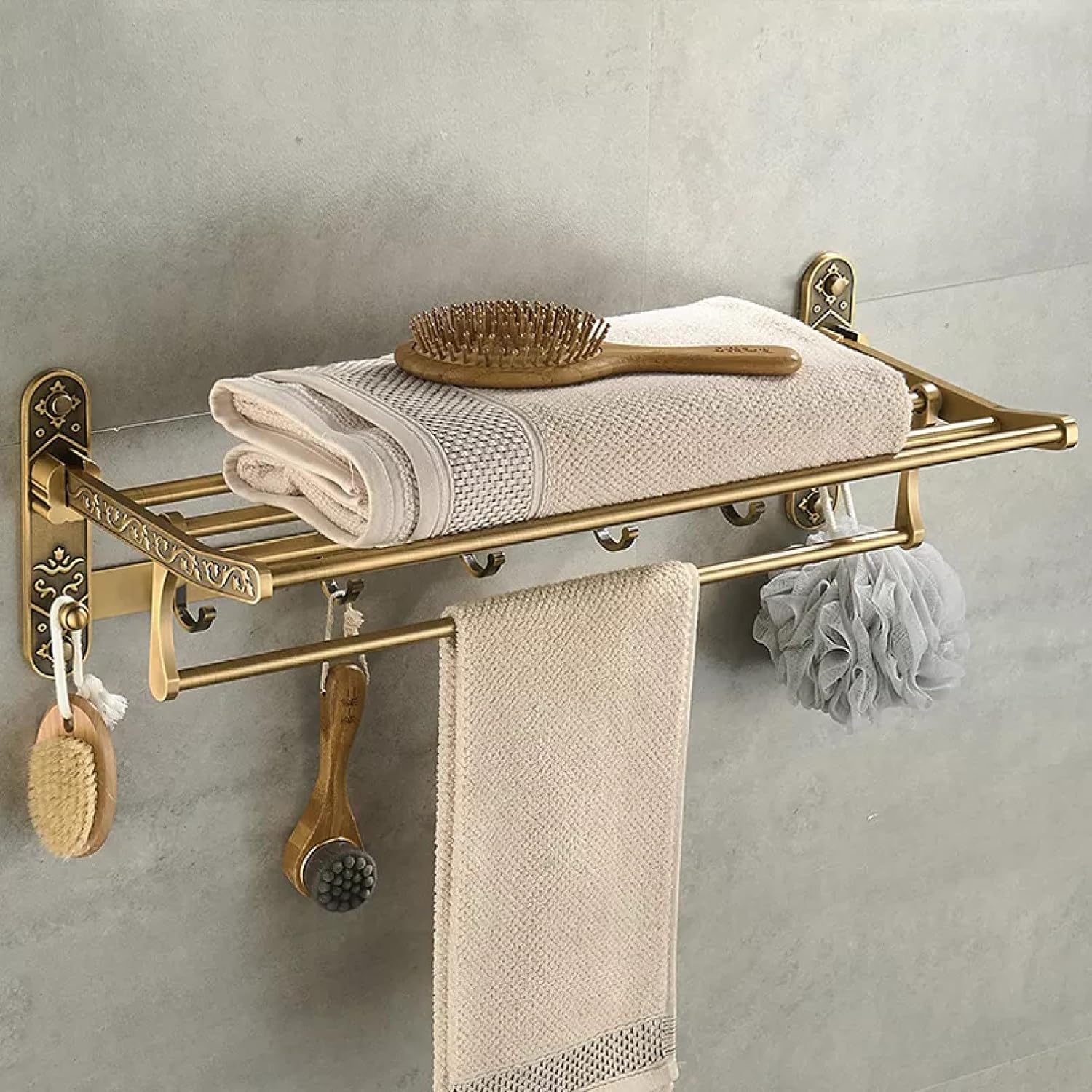 Antique Brass Foldable Double Towel Rack, Nail-Free Wall Mount Towel Shelf with Hooks
