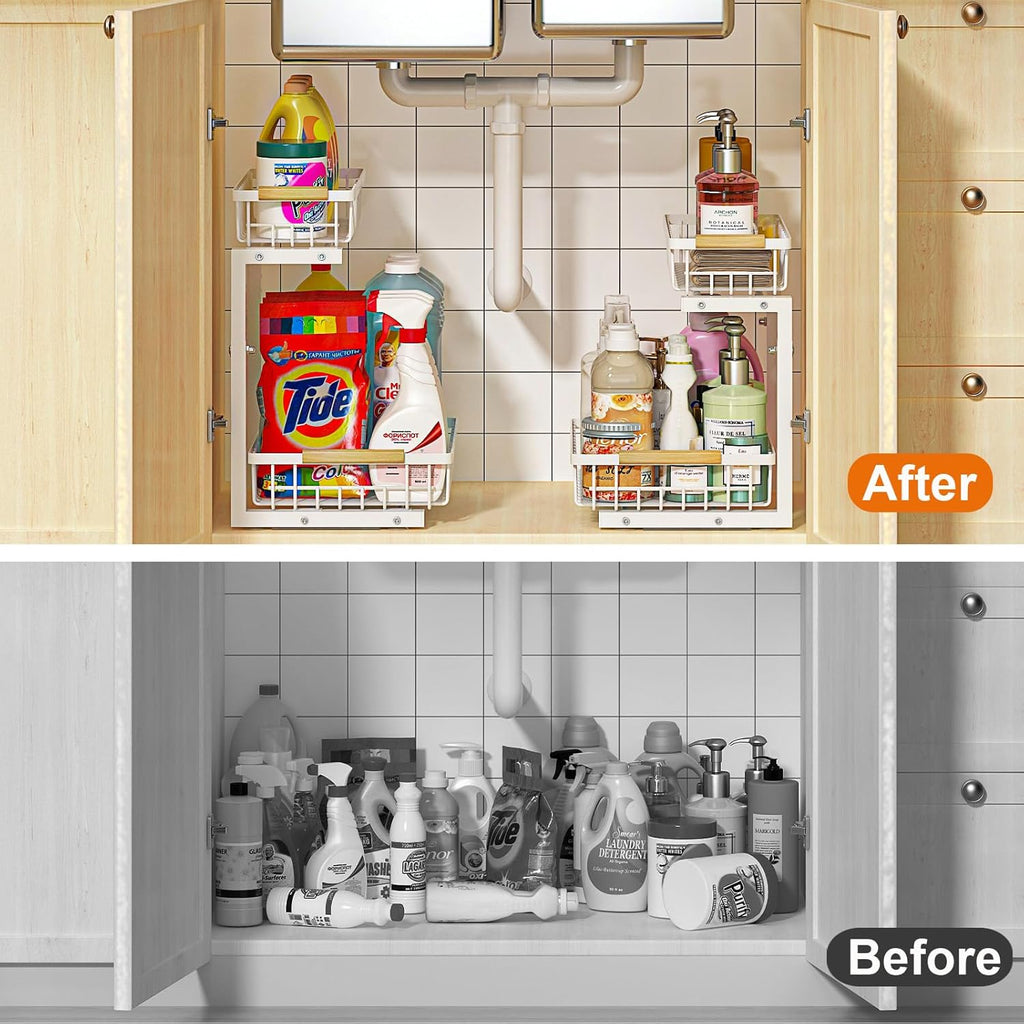 REALINN Under Sink Organizer, 2 Pack Height Adjustable Under Sink Organizers and Storage, 2 Tier Pull Out Drawer Cabinet Storage for Kitchen Bathroom, White