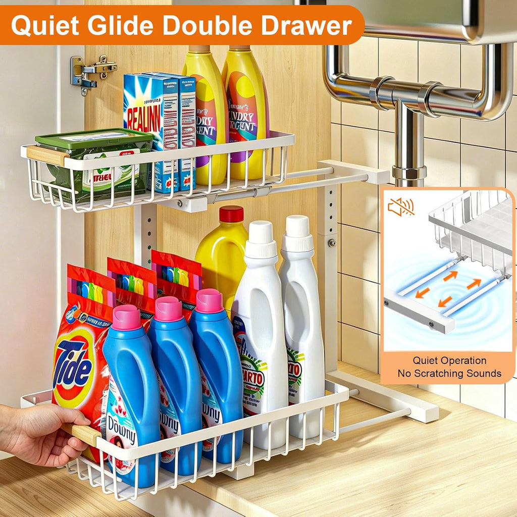 REALINN Under Sink Organizer, 2 Pack Height Adjustable Under Sink Organizers and Storage, 2 Tier Pull Out Drawer Cabinet Storage for Kitchen Bathroom, White