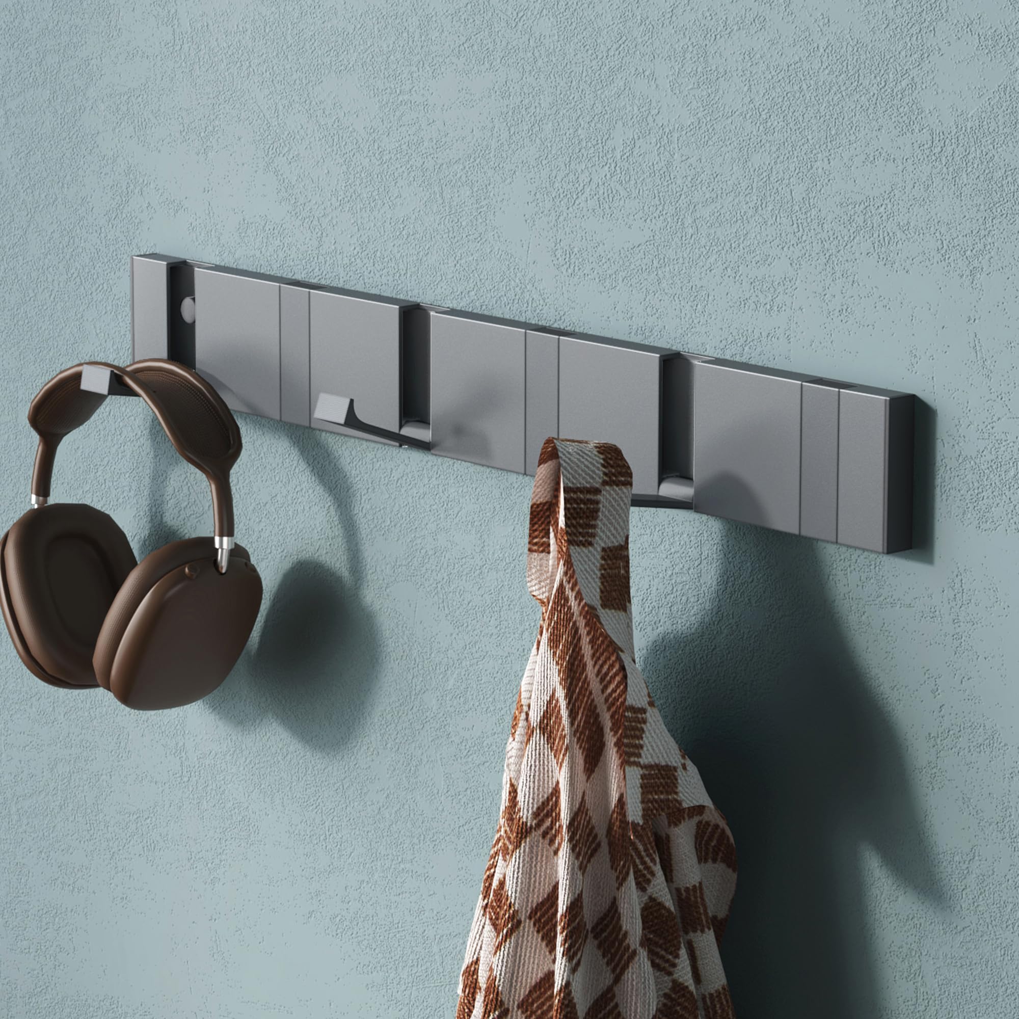 Mai & Mai Coat Hooks Wall Mounted, Foldable Coat Rack with 6 Hooks, Folding Wall Hooks for Jackets, Bags and Hats, Wandgarderobe01, Grey
