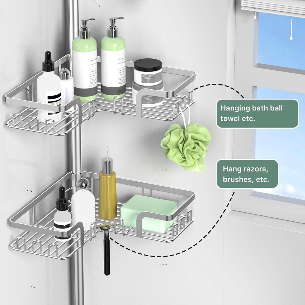 KEGII Telescopic Shower Caddy Corner - Silver Shower Shelf No Drilling Standing Bathroom Organiser Stainless Steel Bathroom Shelf with Hooks