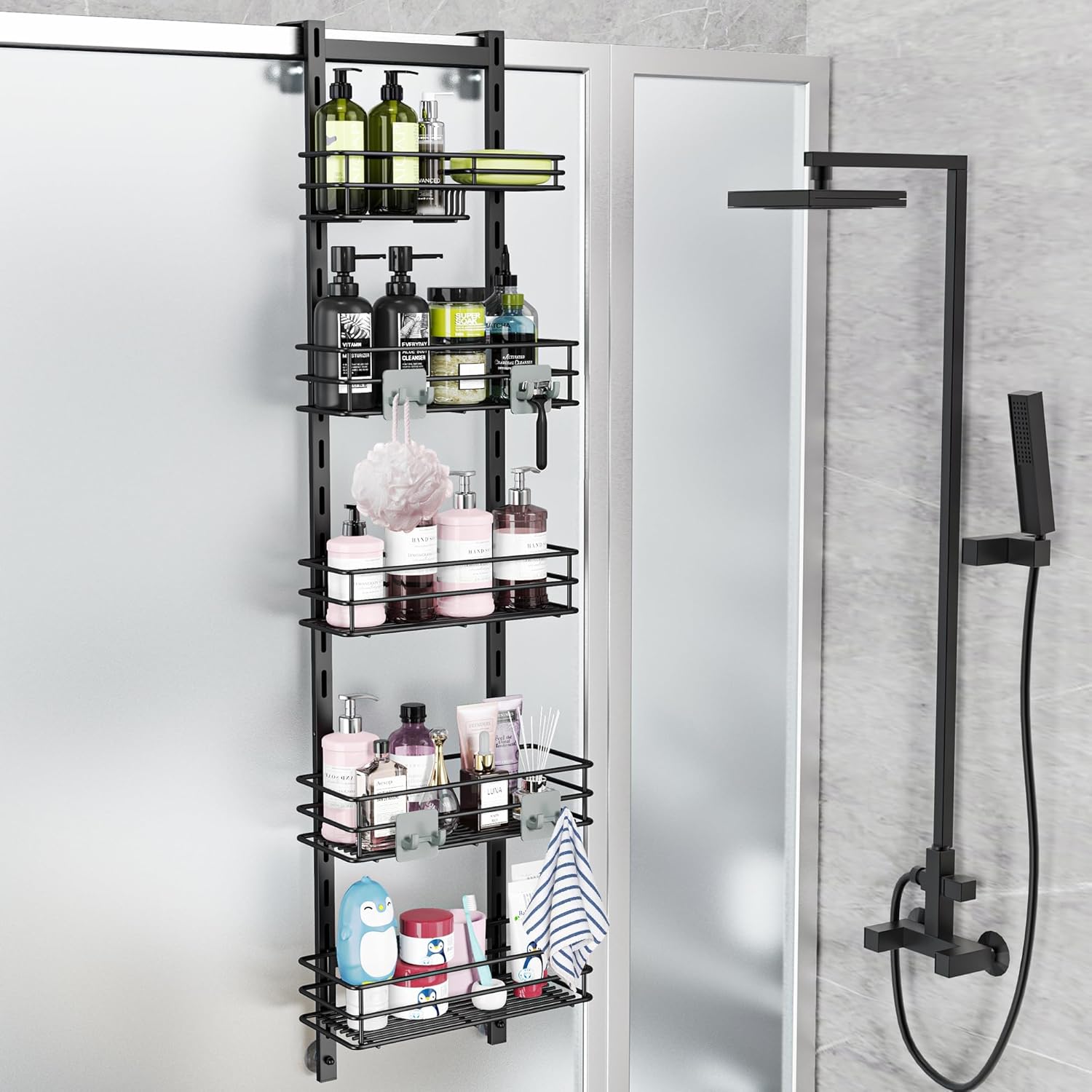 Orimade Over the Door Shower Caddy Adjustable Hanging Organizer Shelf Rustproof with Hook,Shampoo Holder Bathroom Shelf with Soap Holder,Shower Basket with Suction Cup Extra Large, 5 Tier (US Patent)