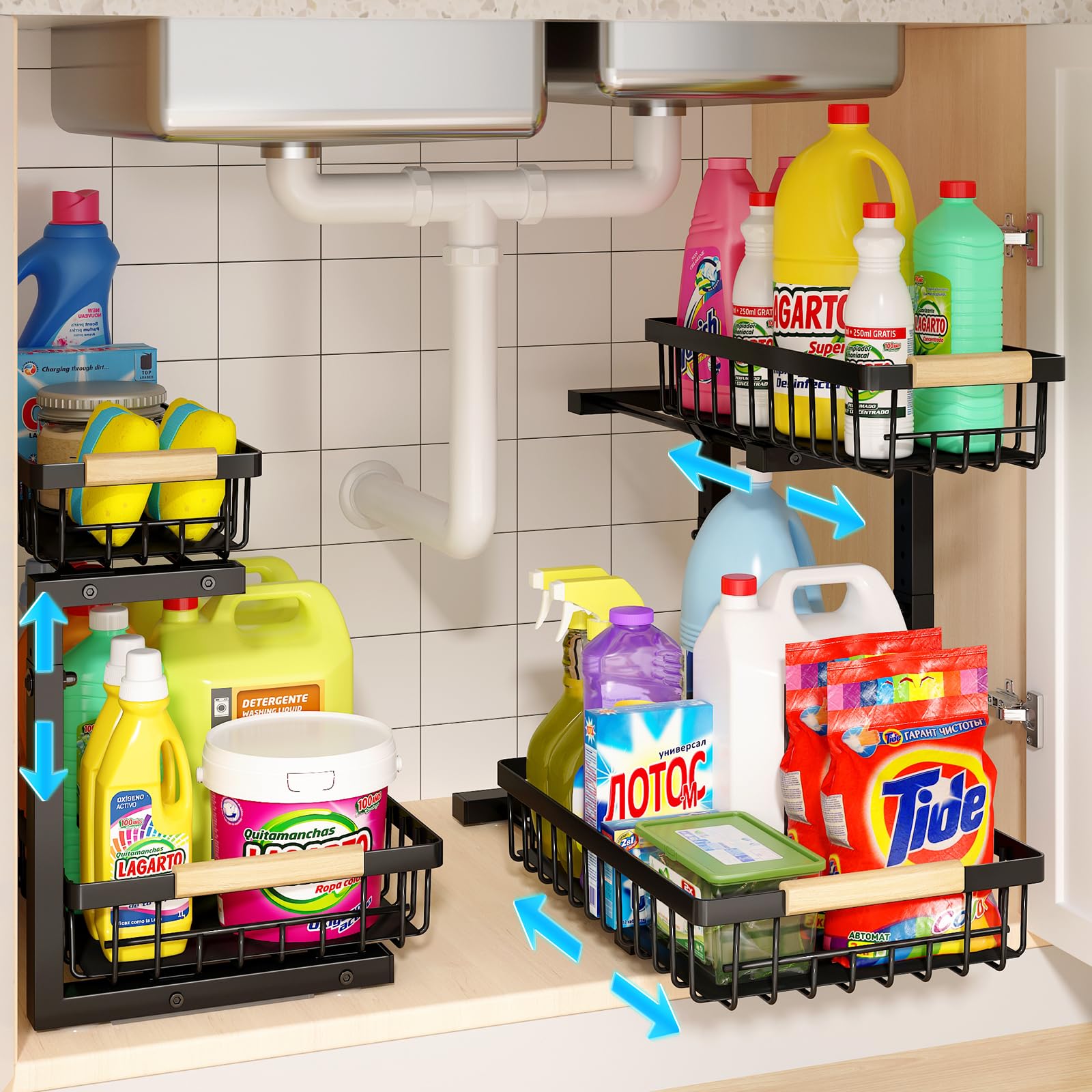 REALINN Under Sink Organizer, 2 Pack Height Adjustable Under Sink Organizers and Storage, 2 Tier Pull Out Drawer Cabinet Storage for Kitchen Bathroom, White