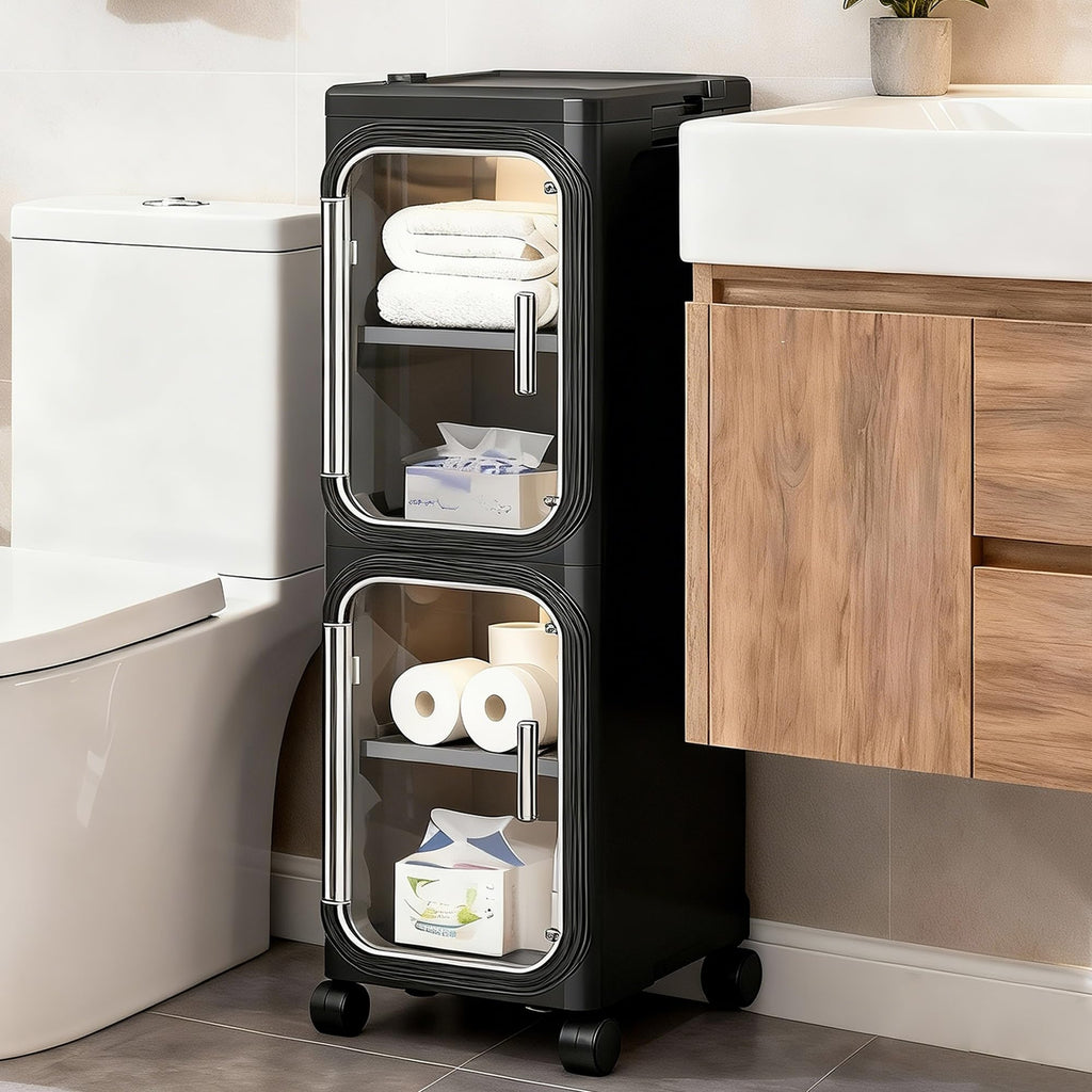 4-Tier Slim Rolling Storage Cabinet, Black Tall Narrow Organizer with Adjustable Shelves for Bathroom Kitchen Laundry