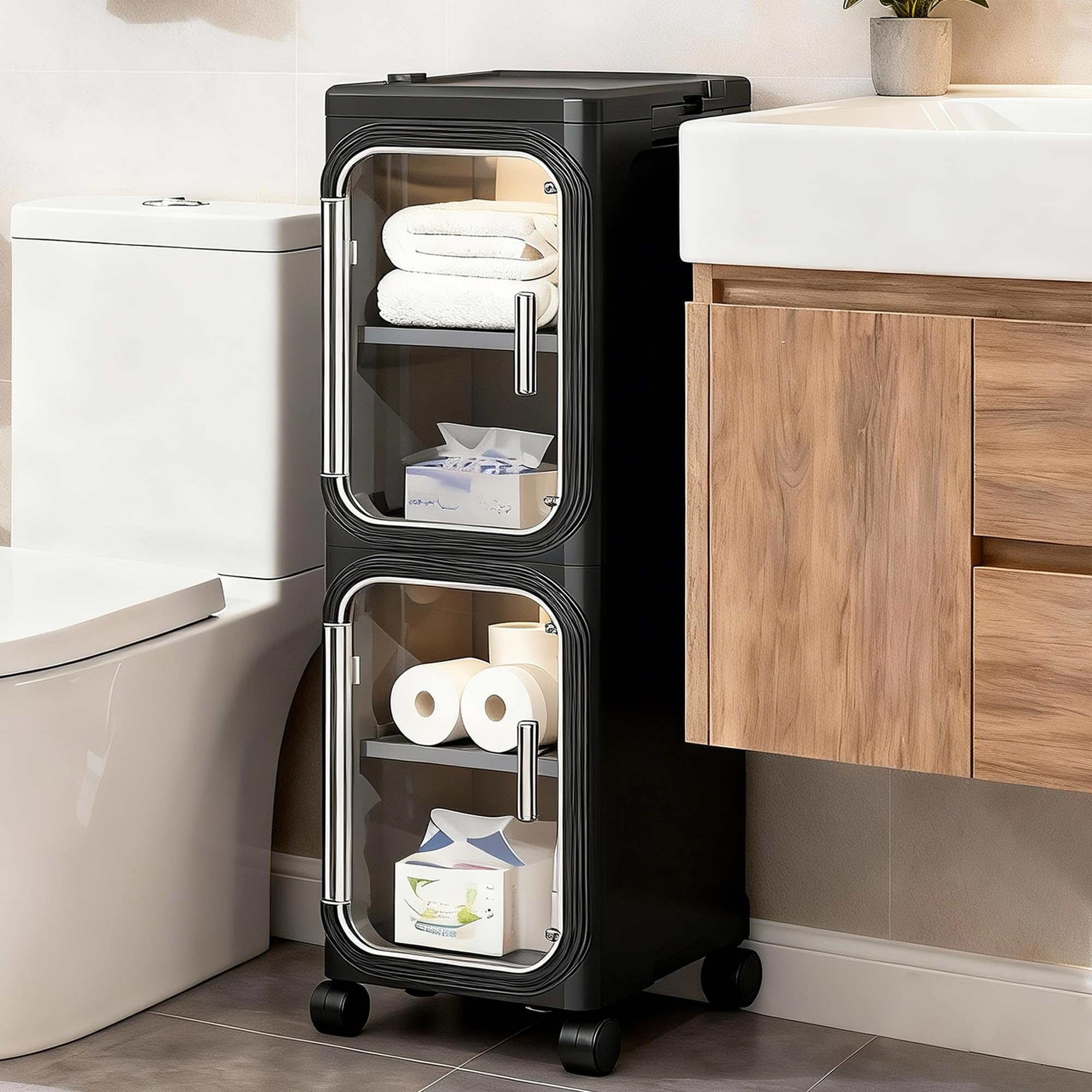 4-Tier Slim Rolling Storage Cabinet, Black Tall Narrow Organizer with Adjustable Shelves for Bathroom Kitchen Laundry