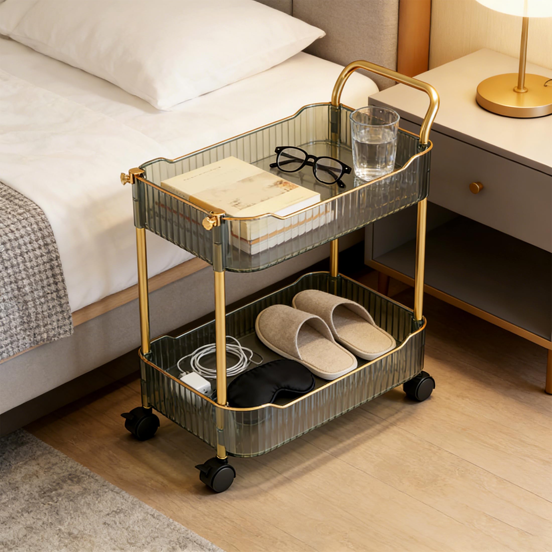 Storage Trolley on Wheels, Acrylic Beauty Trolleys Makeup Organizers Rolling Utility Cart For Bathroom, Salon,Kitchen,Gold,4Tier