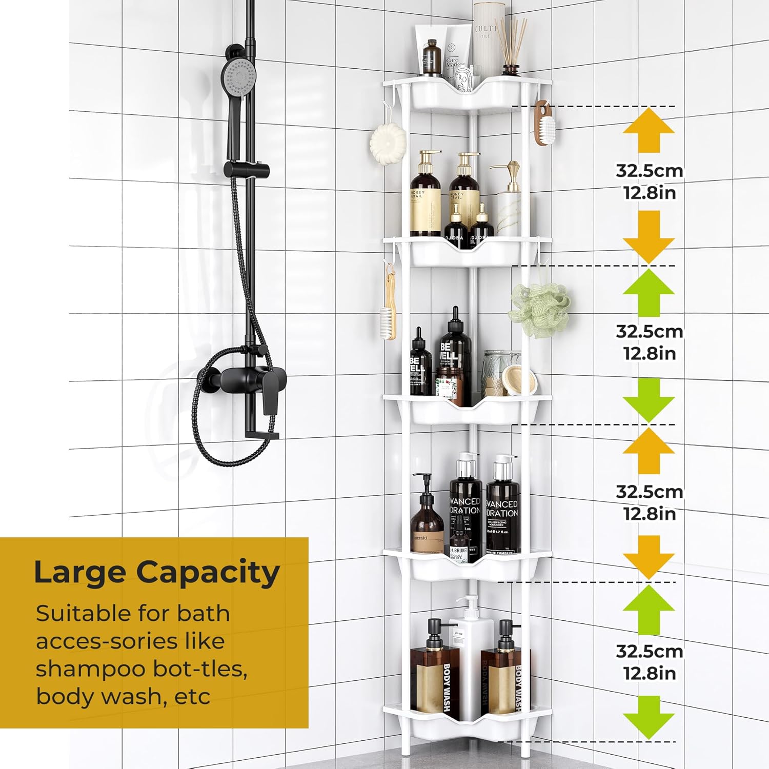Rustproof Floor Standing Corner Shower Caddy Organizer, Plastic Metal Splicing Floor Corner Shelf Rack Stands for Bathroom (White, 5 Tier)