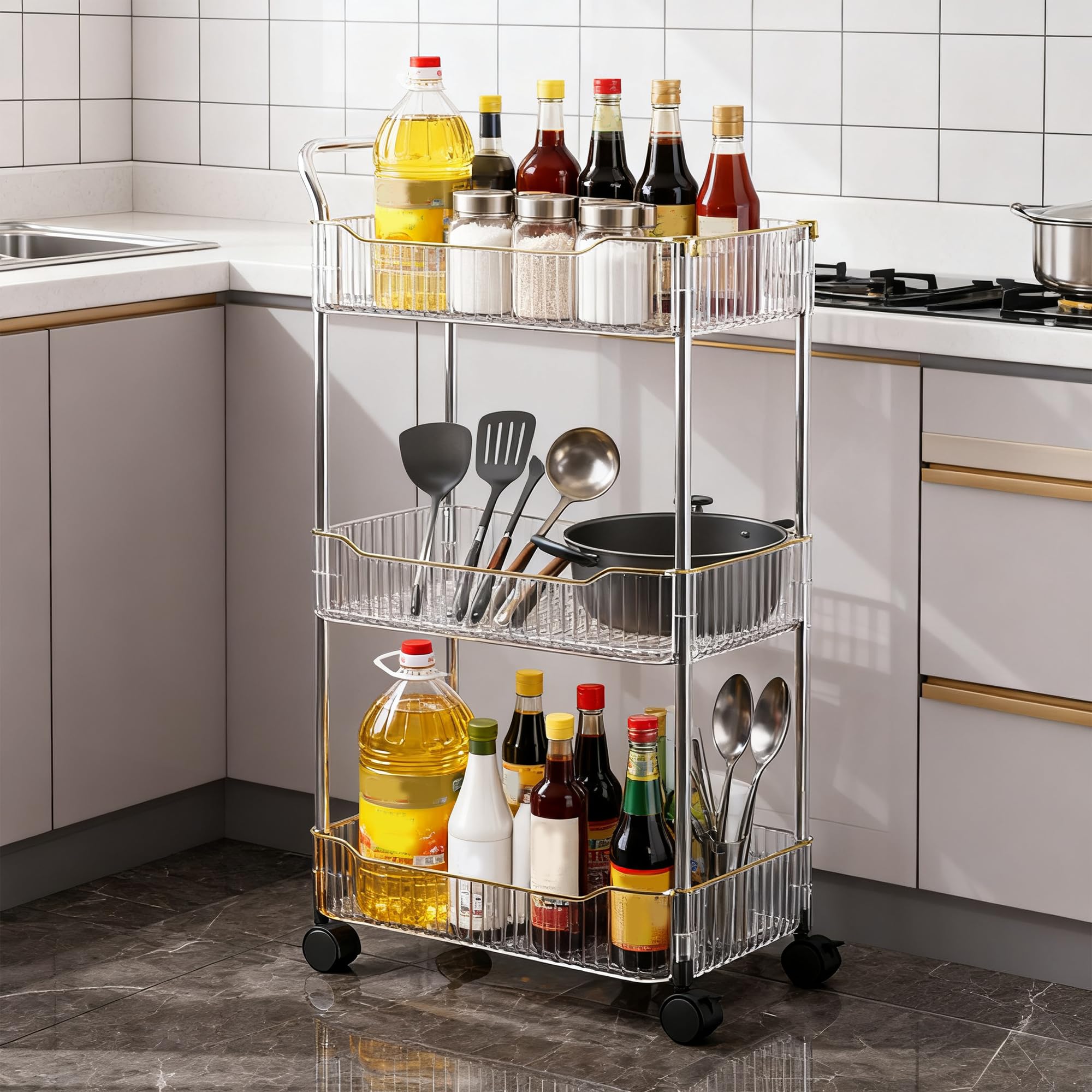 Storage Trolley on Wheels, Acrylic Beauty Trolleys Makeup Organizers Rolling Utility Cart For Bathroom, Salon,Kitchen,Gold,4Tier
