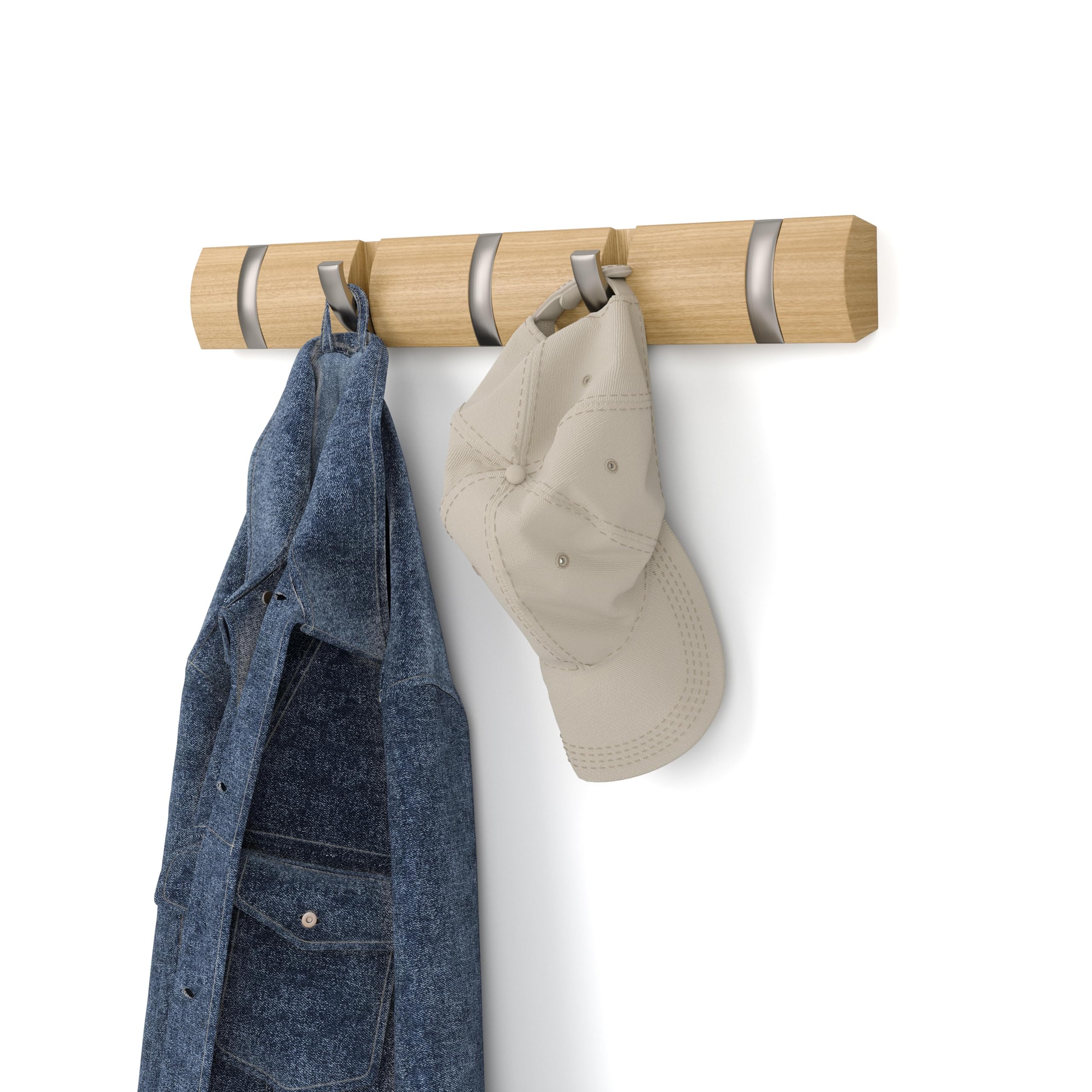 Umbra Flip Wall-Mounted Coat Rack with 5 Hooks – Modern, Space-Saving Storage for Hats, Jackets, Bags, Entryway, Mudroom, Closet, Bathroom, Bedroom – Light Walnut/Gold