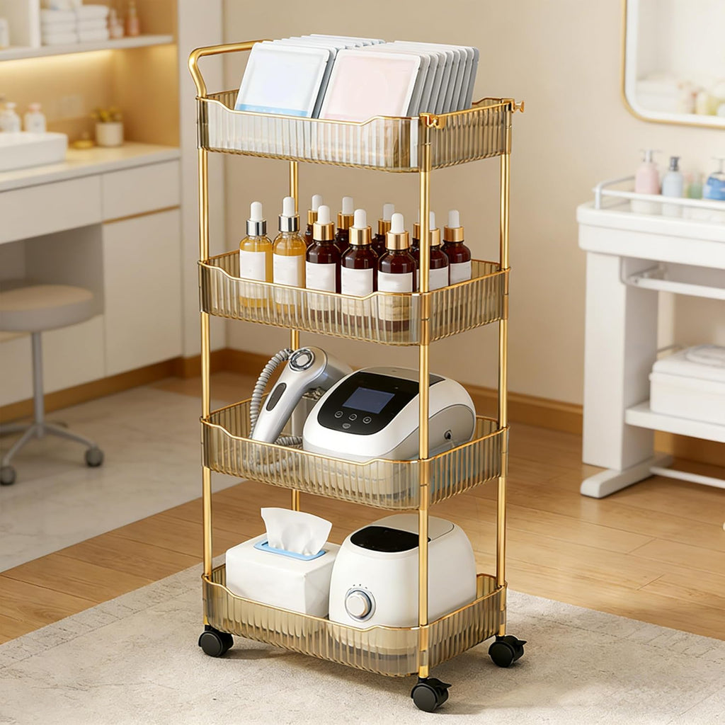 Storage Trolley on Wheels, Acrylic Beauty Trolleys Makeup Organizers Rolling Utility Cart For Bathroom, Salon,Kitchen,Gold,4Tier