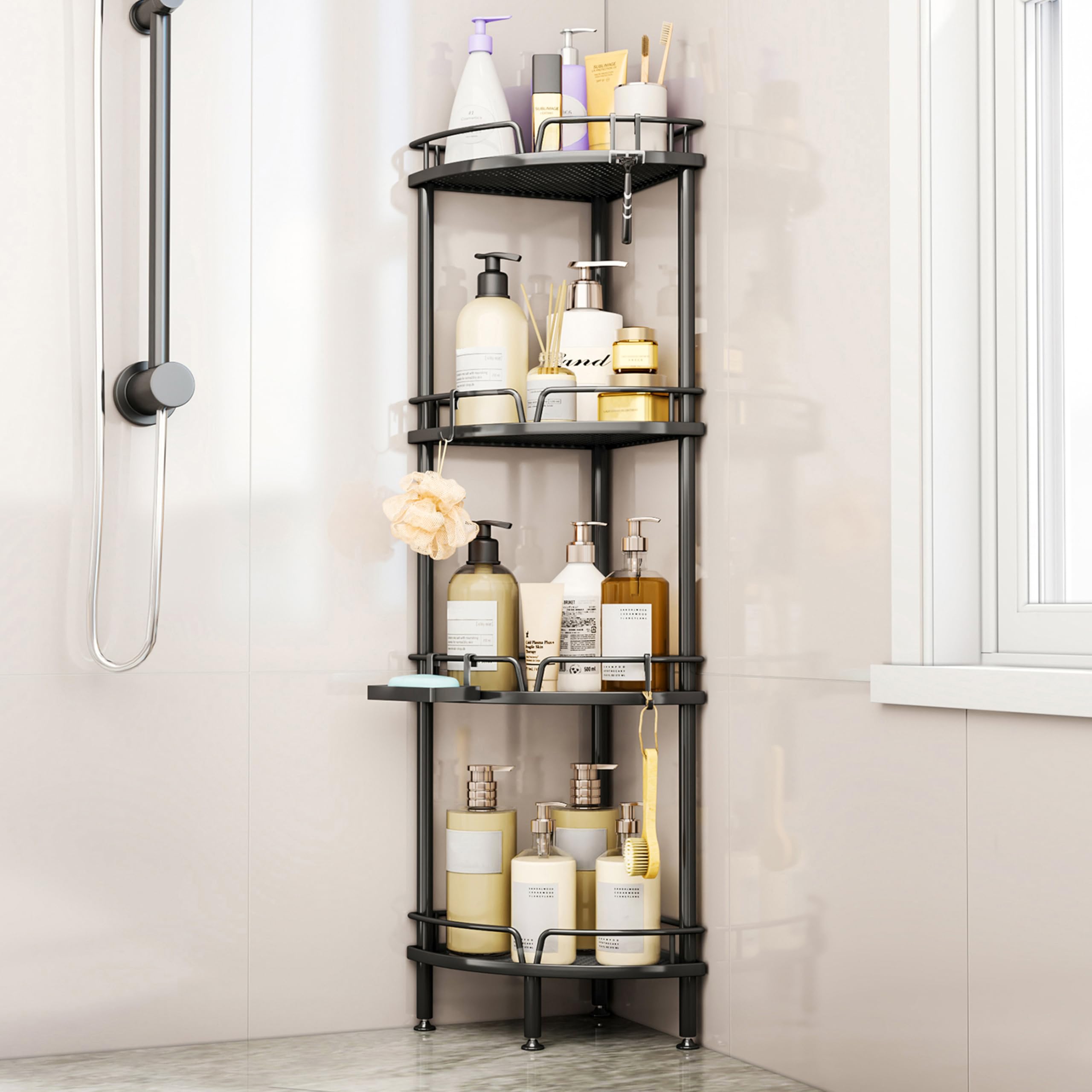 SWTYMIKI Corner Shower Caddy - 3 Tier Shower Corner Shelf Organizer with 4 Hooks, Rust-Free Freestanding Caddy with Soap Holder, Storage Rack for Bathroom, White
