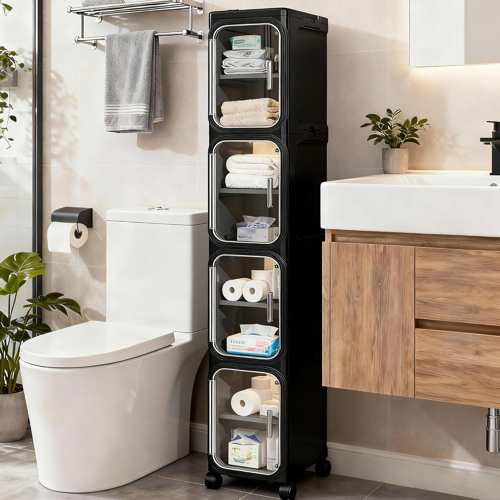 4-Tier Slim Rolling Storage Cabinet, Black Tall Narrow Organizer with Adjustable Shelves for Bathroom Kitchen Laundry