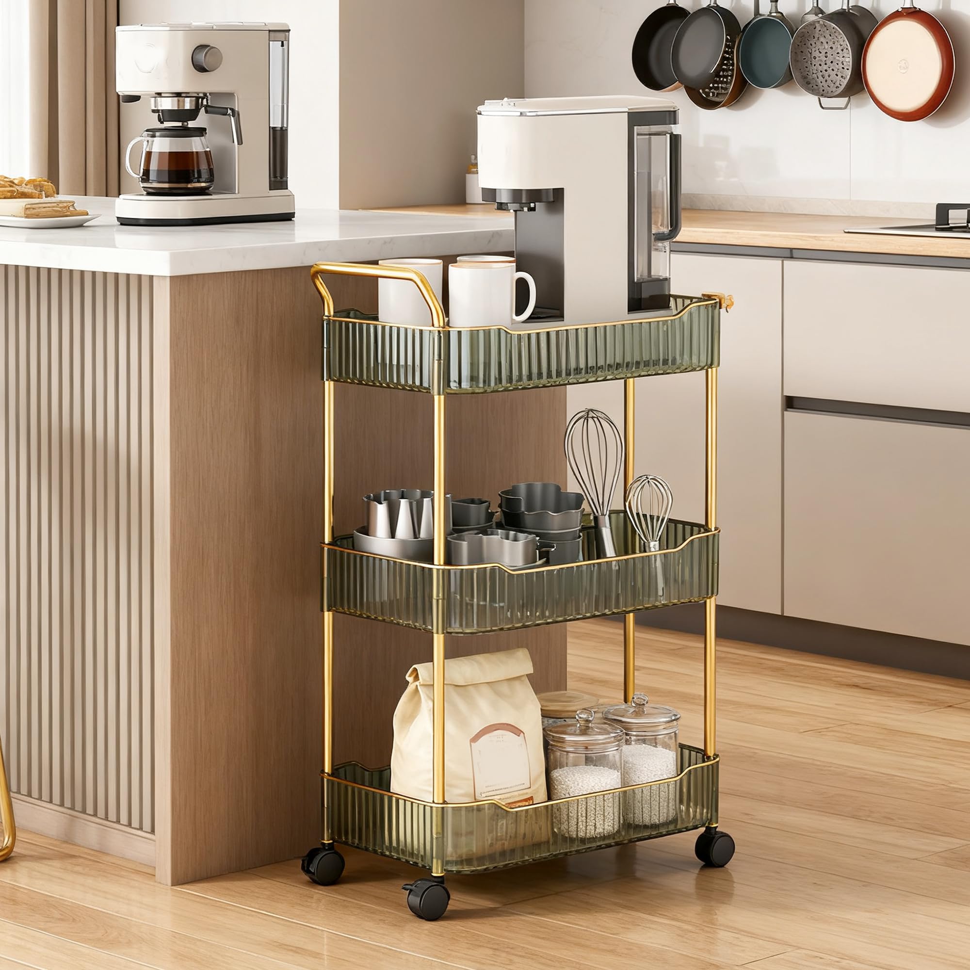 Storage Trolley on Wheels, Acrylic Beauty Trolleys Makeup Organizers Rolling Utility Cart For Bathroom, Salon,Kitchen,Gold,4Tier