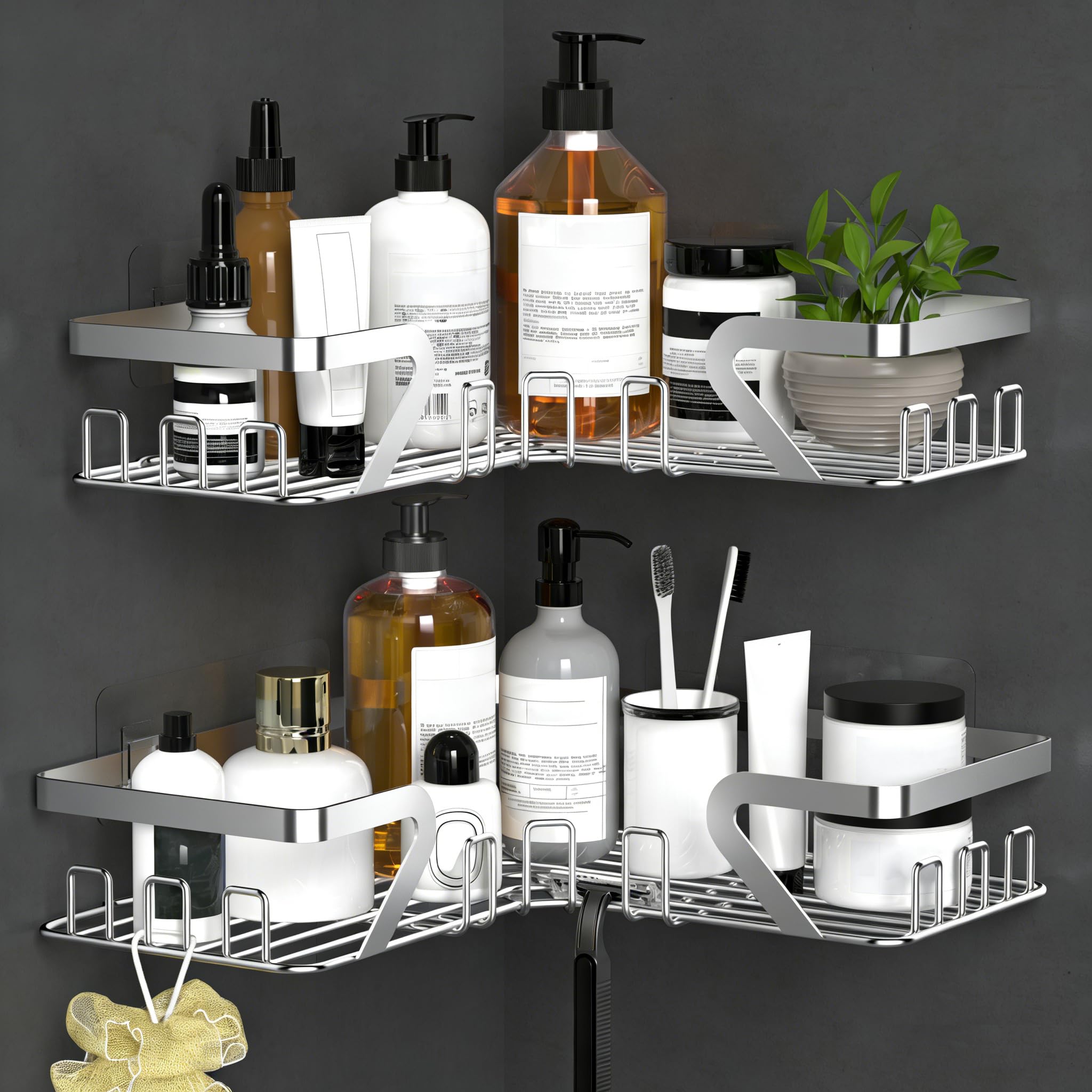 KEGII Telescopic Shower Caddy Corner - Silver Shower Shelf No Drilling Standing Bathroom Organiser Stainless Steel Bathroom Shelf with Hooks