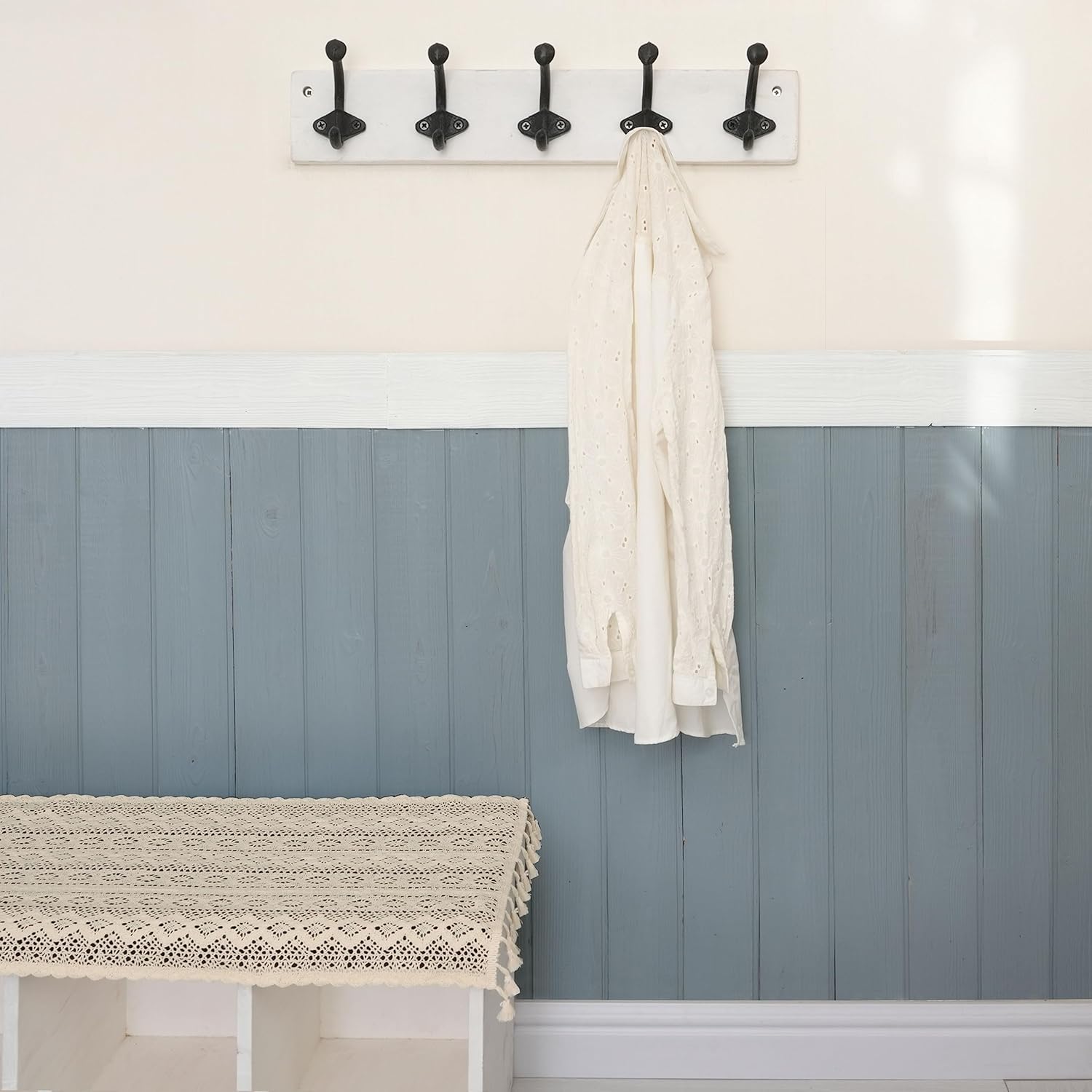 WEBI Rustic Coat Hooks Wall Mounted,5 Cast Iron Hooks,Coat Rack Wall Mounted Coat Hanger for Hanging Jacket,Clothes,White