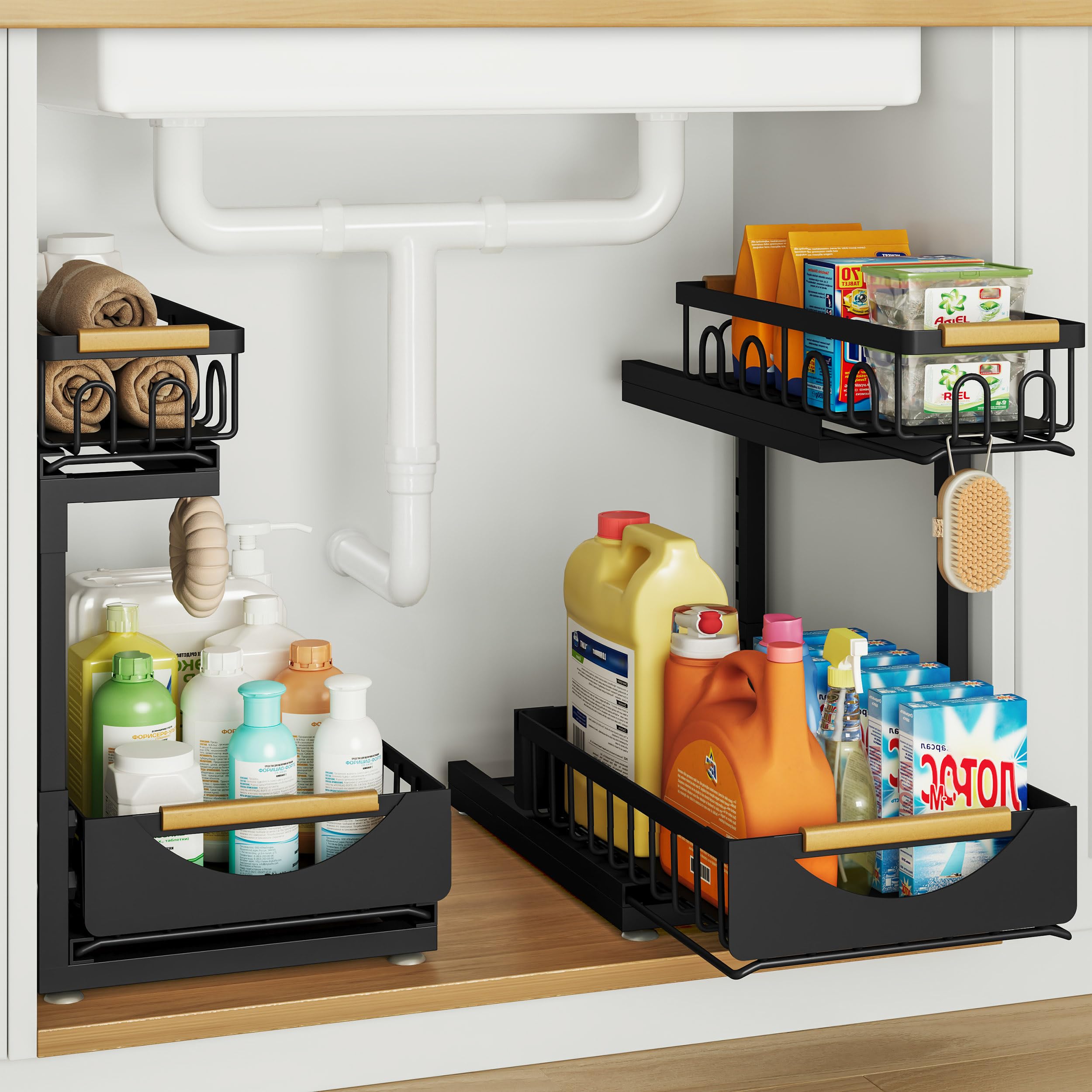Under Sink Organizer and Storage for Bathroom and Kitchen - 2 Pack 3 Tier Under Cabinet Pull Out Shelf Organizers - Slide Out Drawer Organization for Home Cabinets Shelves and Drawers