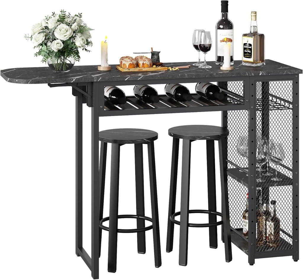 Bestier Bar Table and Chair Set, Expandable Dining Table with 2 Bar Stools, Industrial Kitchen Counter with Wine Rack & 3 Tier Adjustable Storage Shelves (Black)