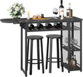 Bestier Bar Table and Chair Set, Expandable Dining Table with 2 Bar Stools, Industrial Kitchen Counter with Wine Rack & 3 Tier Adjustable Storage Shelves (Black)