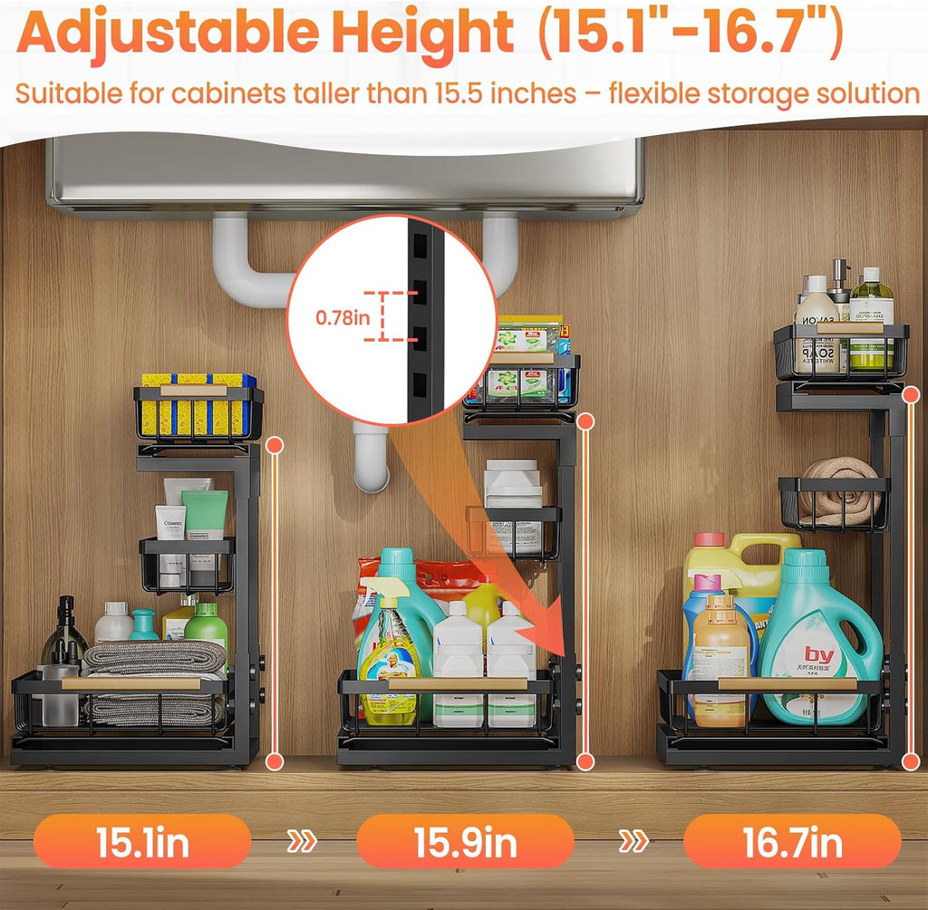 Under Sink Organizer and Storage for Bathroom and Kitchen - 2 Pack 3 Tier Under Cabinet Pull Out Shelf Organizers - Slide Out Drawer Organization for Home Cabinets Shelves and Drawers