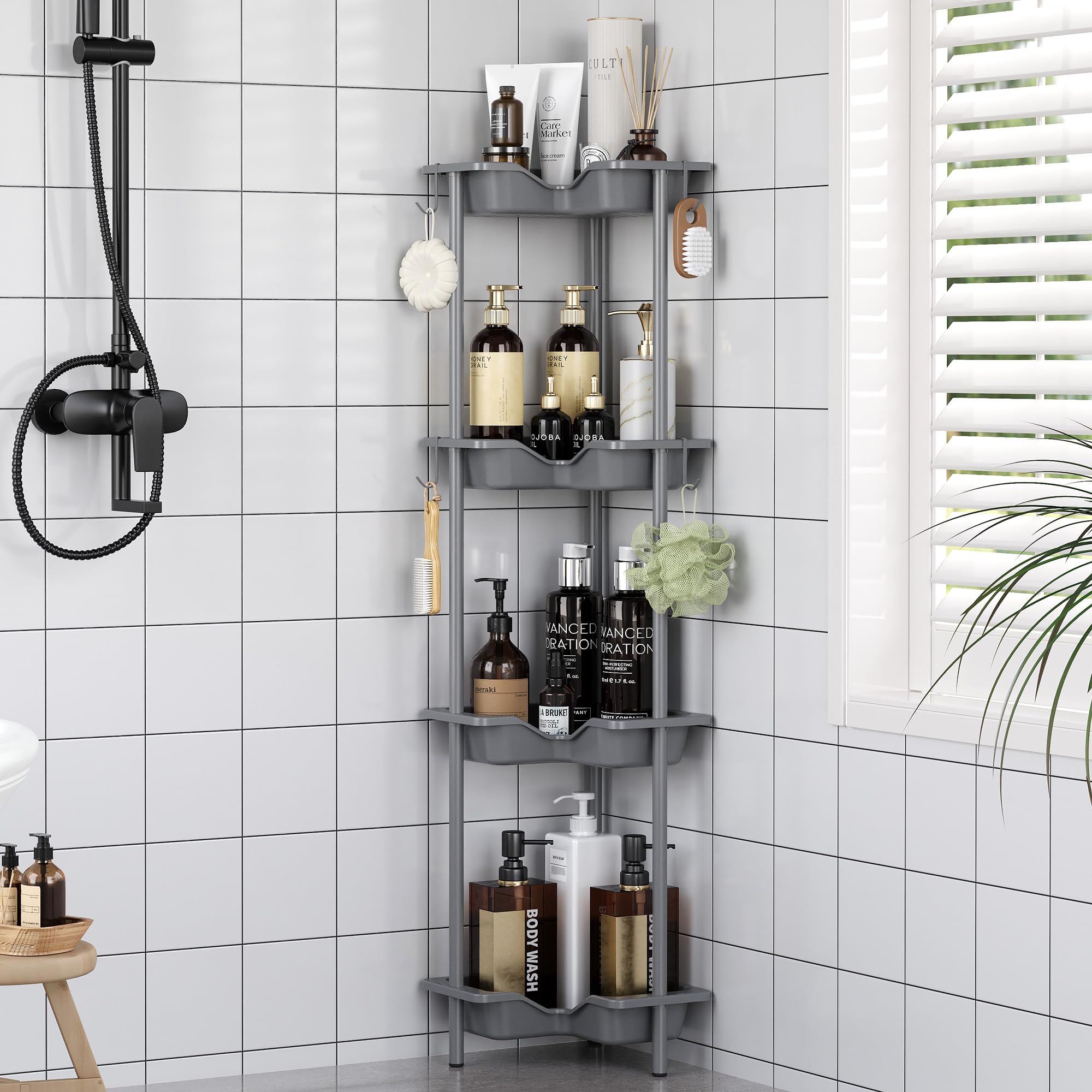 Rustproof Floor Standing Corner Shower Caddy Organizer, Plastic Metal Splicing Floor Corner Shelf Rack Stands for Bathroom (White, 5 Tier)