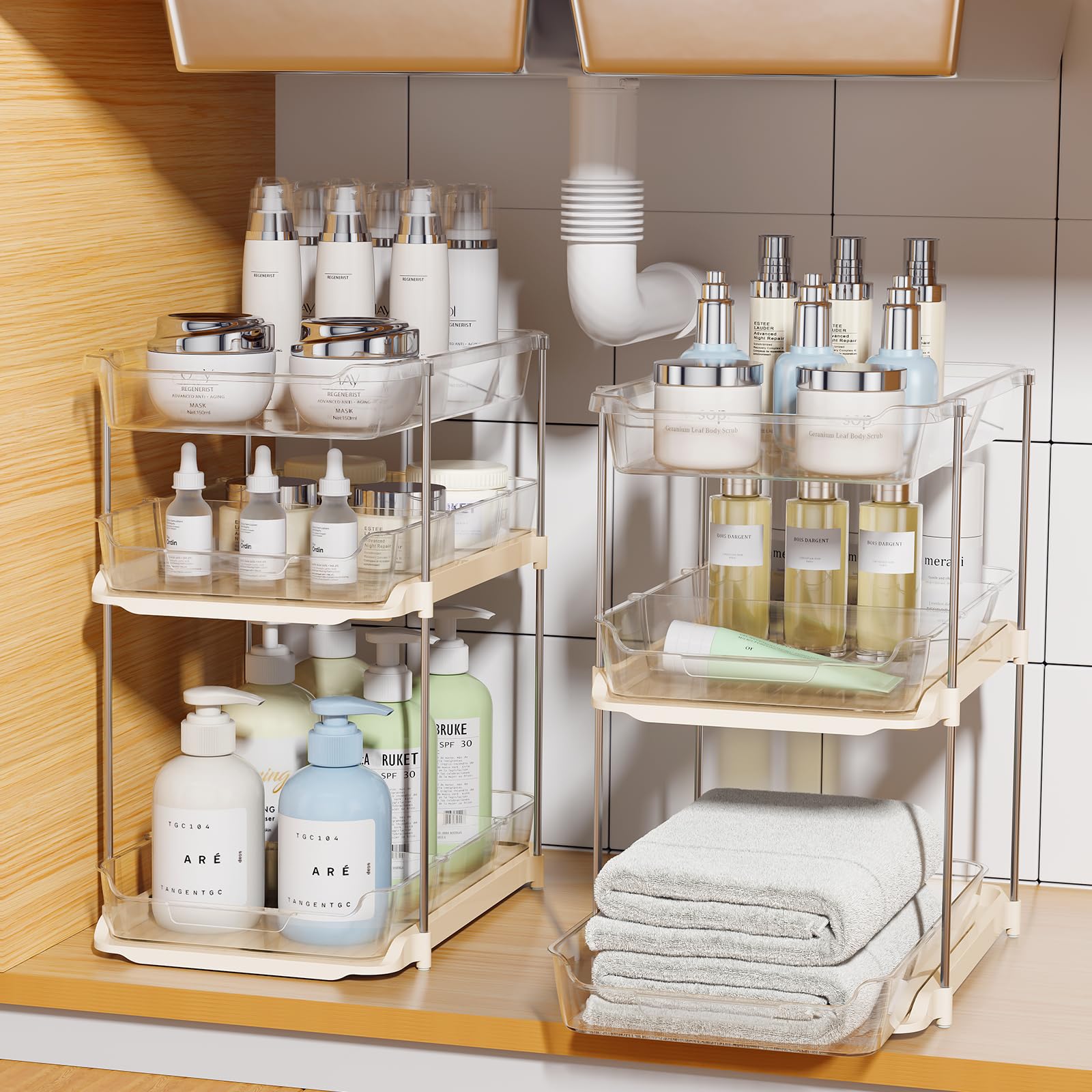 2 Pack 3-Tier Under Sink Organizer, Clear Pull Out Storage with Movable Dividers for Bathroom & Kitchen
