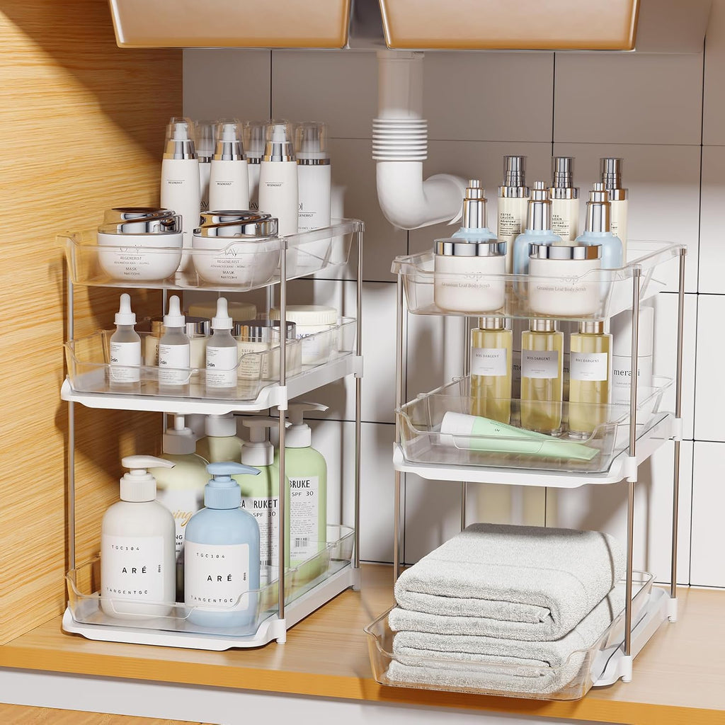 2 Pack 3-Tier Under Sink Organizer, Clear Pull Out Storage with Movable Dividers for Bathroom & Kitchen
