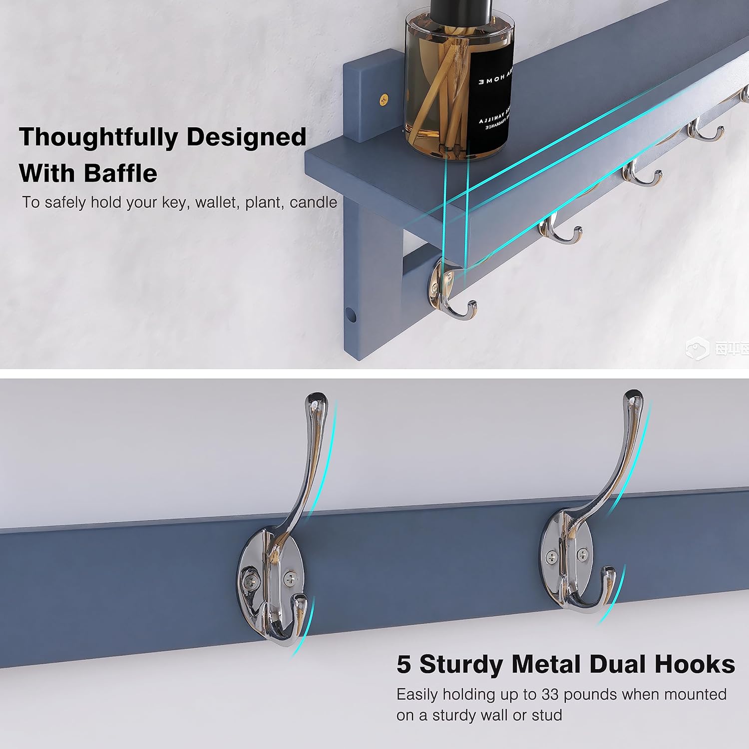 SMIBUY Coat Hooks with Shelf Wall-Mounted, 74 cm Entryway Coat Rack for Wall, Bamboo Hanging Shelf with 5 Double Metal Hooks for Bathroom, Bedroom, Kitchen, Living Room, Mudroom (Grey)