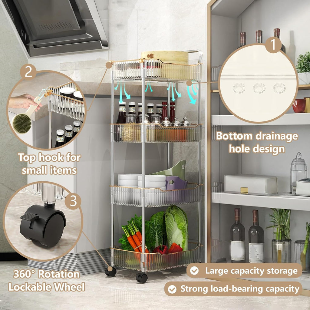 Storage Trolley on Wheels, Acrylic Beauty Trolleys Makeup Organizers Rolling Utility Cart For Bathroom, Salon,Kitchen,Gold,4Tier