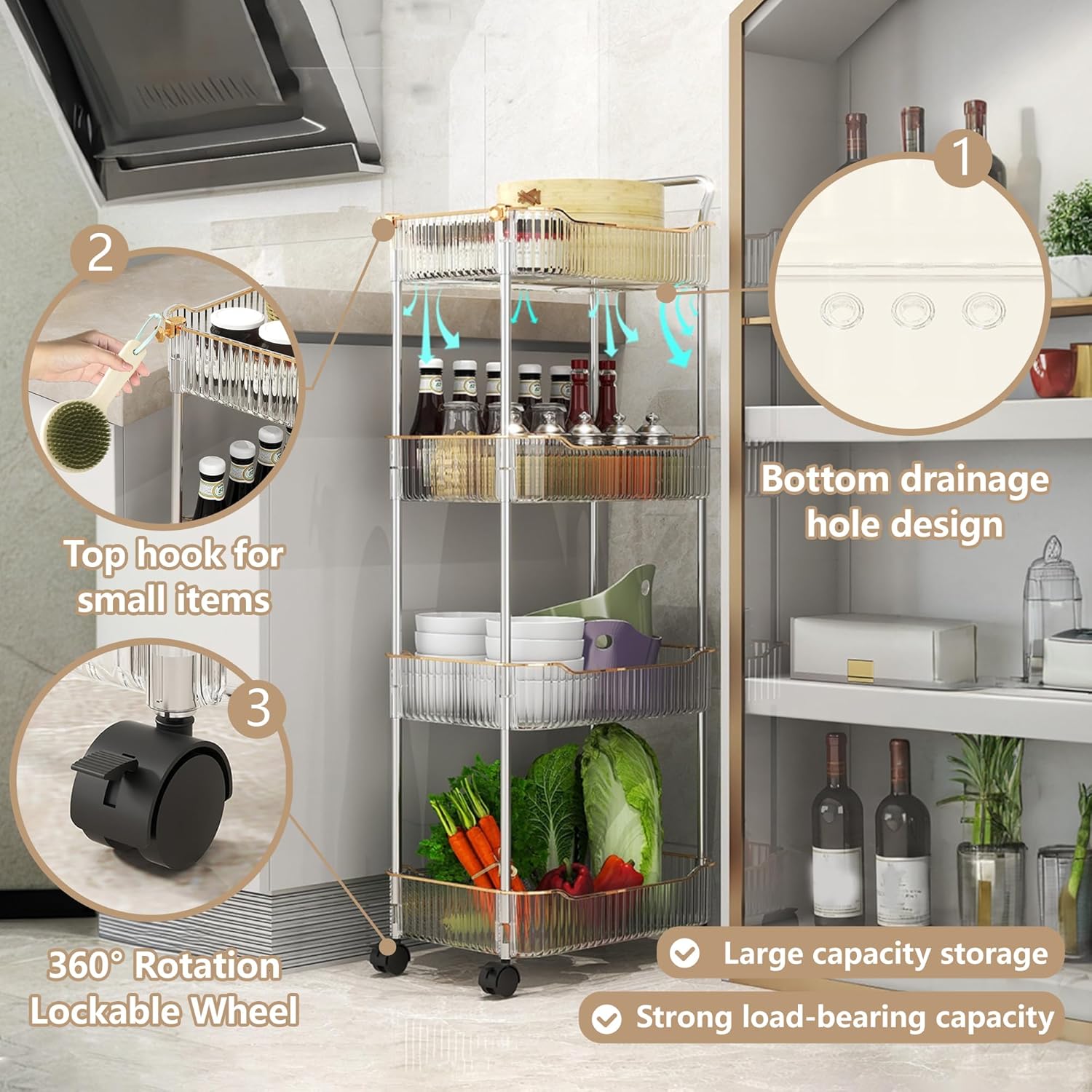 Storage Trolley on Wheels, Acrylic Beauty Trolleys Makeup Organizers Rolling Utility Cart For Bathroom, Salon,Kitchen,Gold,4Tier