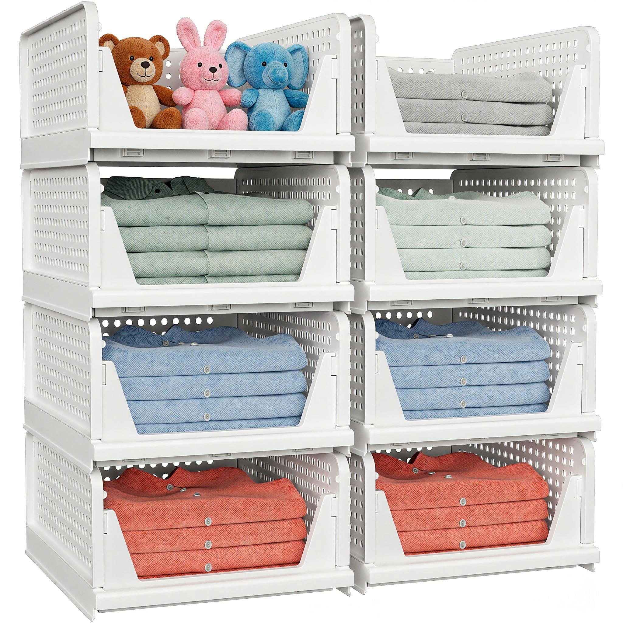 5 Pack Stackable Closet Storage Basket - Stackable Storage Bins, Multifunctional & Foldable Closet Organizer Waterproof, Wardrobe Cupboard Space-Saving Hat Storage Drawer Organizer, White