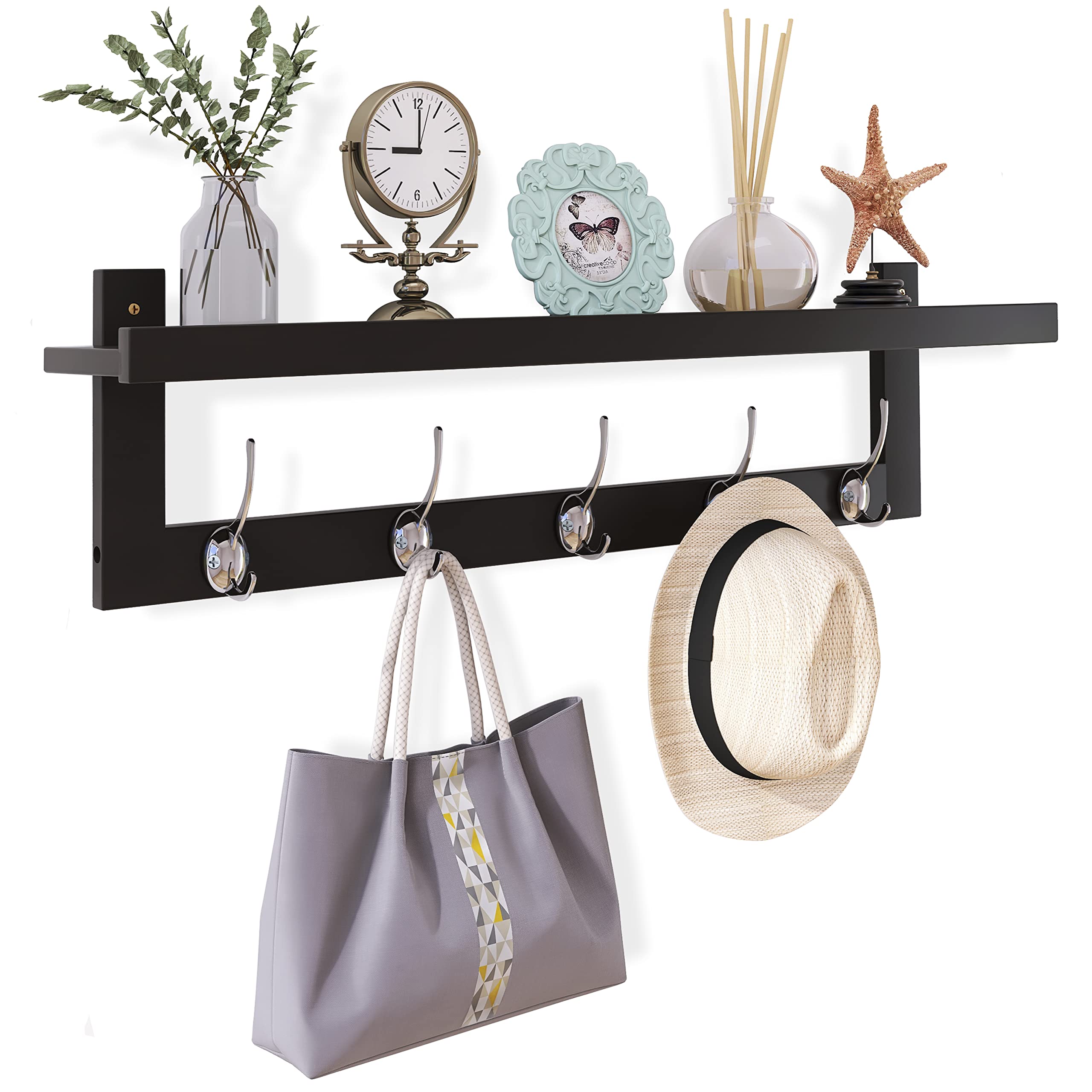SMIBUY Coat Hooks with Shelf Wall-Mounted, 74 cm Entryway Coat Rack for Wall, Bamboo Hanging Shelf with 5 Double Metal Hooks for Bathroom, Bedroom, Kitchen, Living Room, Mudroom (Grey)
