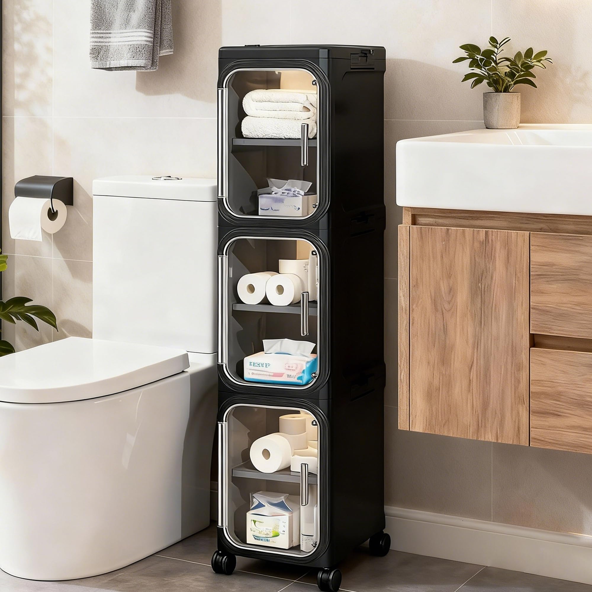 4-Tier Slim Rolling Storage Cabinet, Black Tall Narrow Organizer with Adjustable Shelves for Bathroom Kitchen Laundry