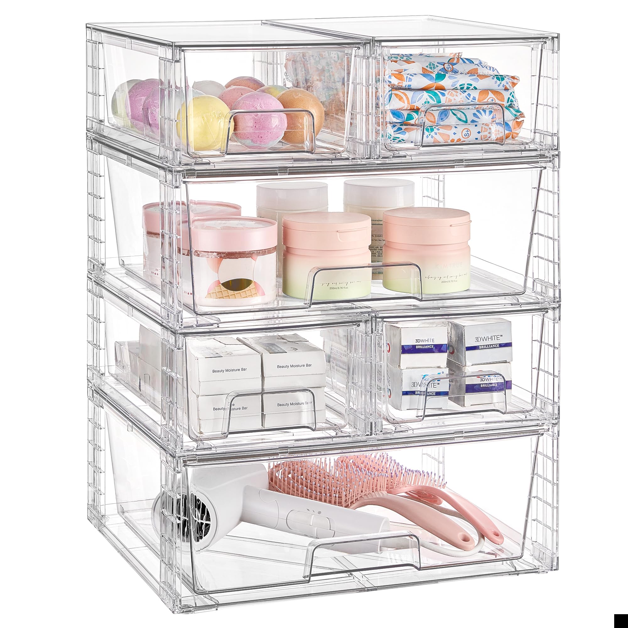 Vtopmart 3 Pack Clear Stackable Storage Drawers,Easy to Assemble Bathroom Organizers and Storage with handles,Plastic Drawers for Kitchen Pantry,Cabinet,Under Sink Organization