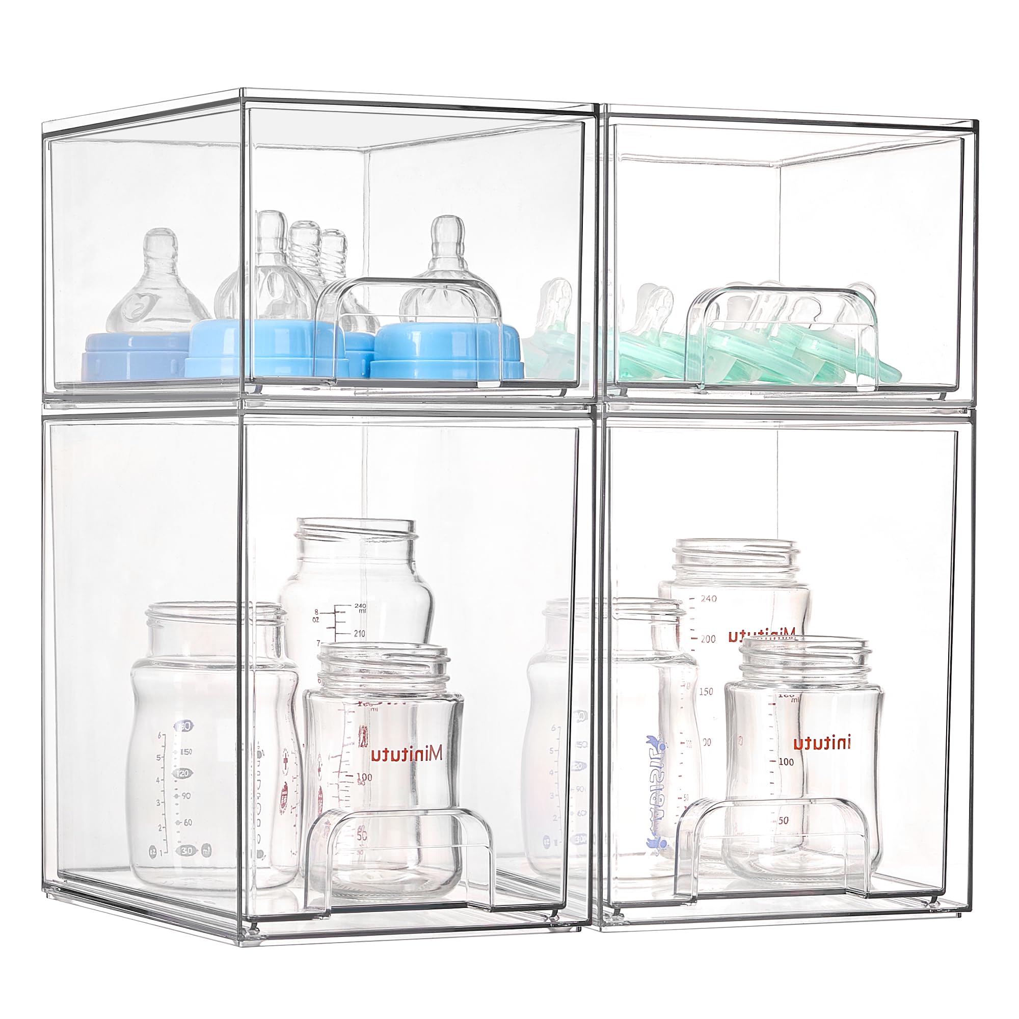 Vtopmart Clear Stackable Storage Drawers Set of 4, Plastic Organizer Bins for Makeup, Cosmetics, Beauty Supplies,Ideal for Vanity, Bathroom,Cabinet,Pantry Organization