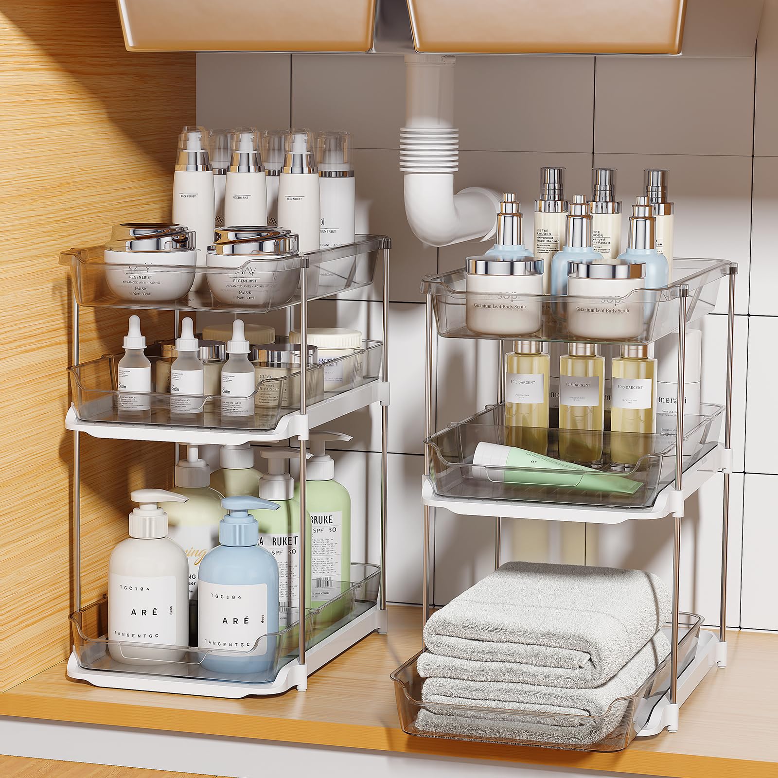2 Pack 3-Tier Under Sink Organizer, Clear Pull Out Storage with Movable Dividers for Bathroom & Kitchen