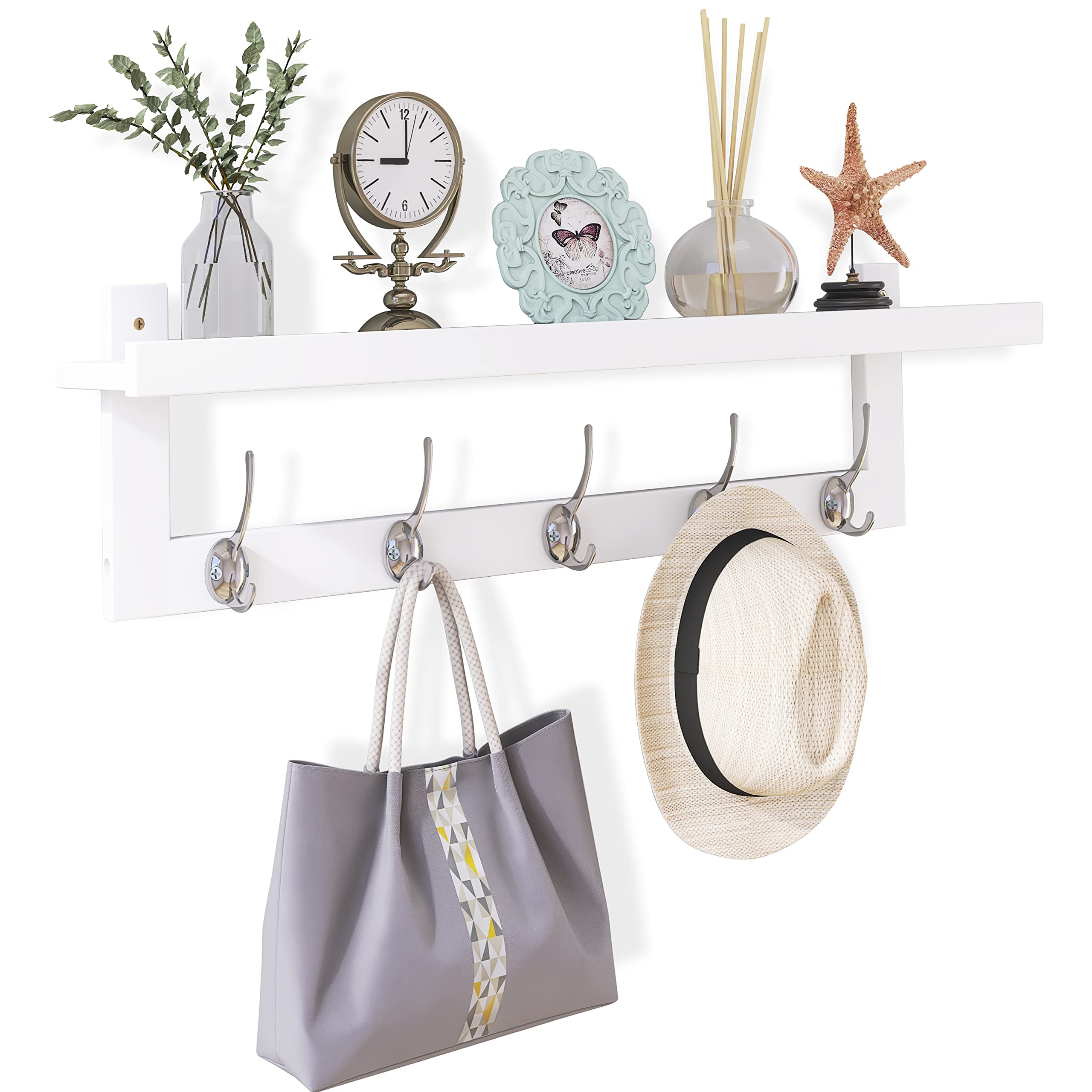 SMIBUY Coat Hooks with Shelf Wall-Mounted, 74 cm Entryway Coat Rack for Wall, Bamboo Hanging Shelf with 5 Double Metal Hooks for Bathroom, Bedroom, Kitchen, Living Room, Mudroom (Grey)