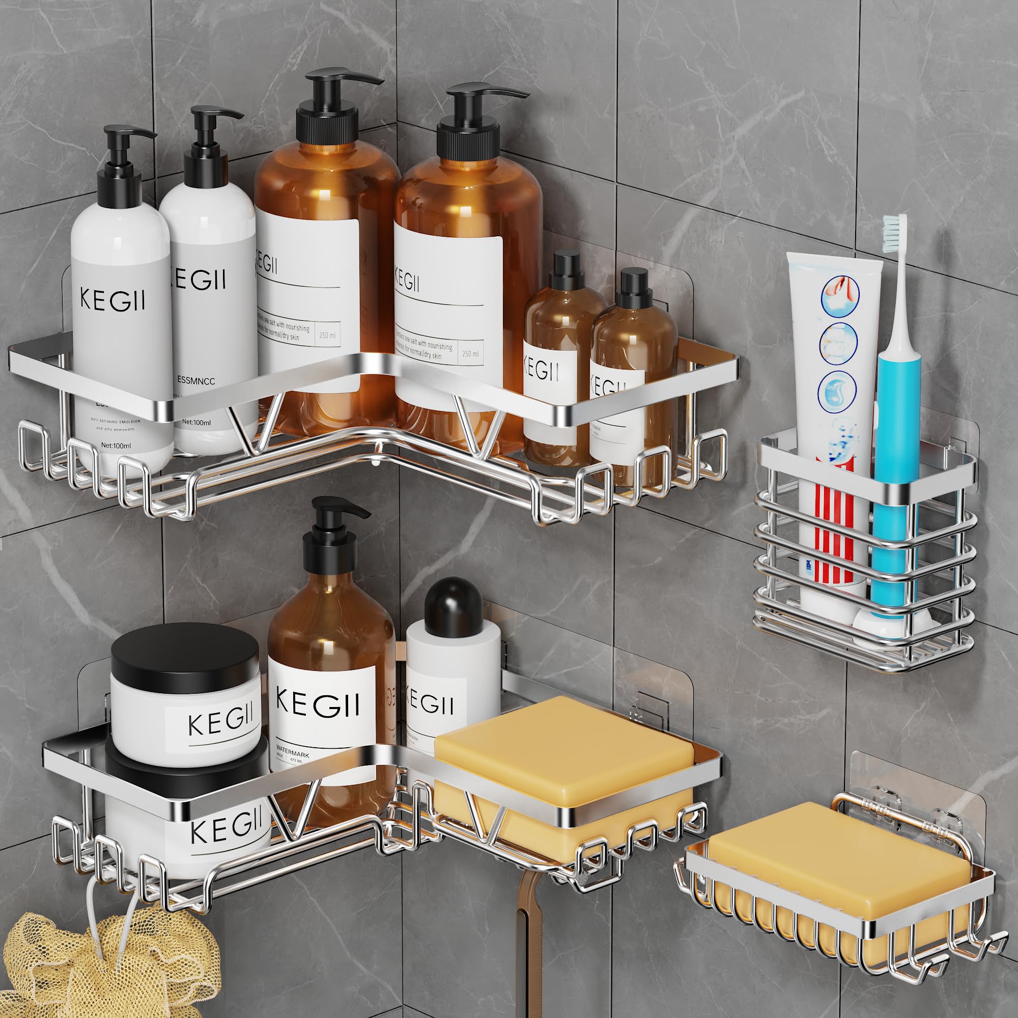 Kegii Telescopic Shower Caddy, 6 Tiers Corner Shower Shelf Adjustable Bathroom Storage Organiser Extendable Corner Bathroom Caddy, Black, No Drilling, Stainless Steel
